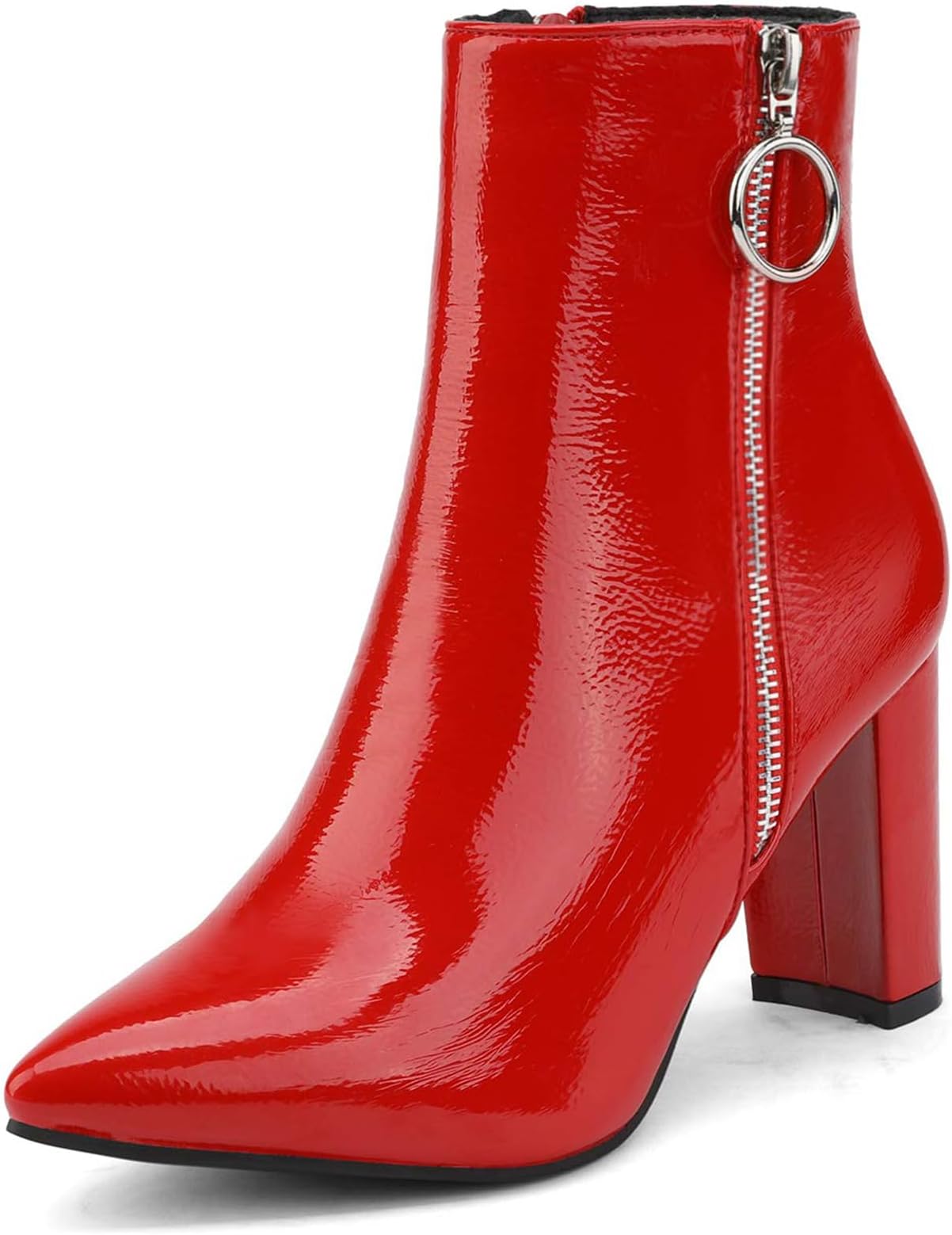 DREAM PAIRS Women's Chunky Heel Ankle Booties Pointed Toe Short Boots, Red/Pat-3, 6.5