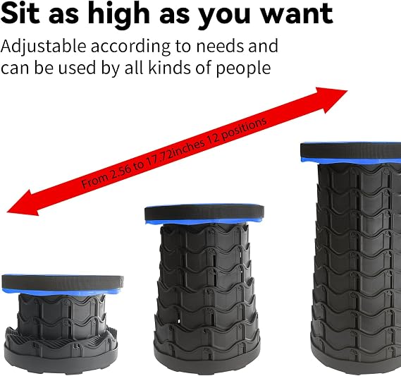 Collapsible Portable Stool, 440lbs Load Capacity Folding Stool with Adjustable Height, Carrying Strap - Telescoping Camping Stool for Camping, Hiking, Fishing, Travel, BBQ (Black)