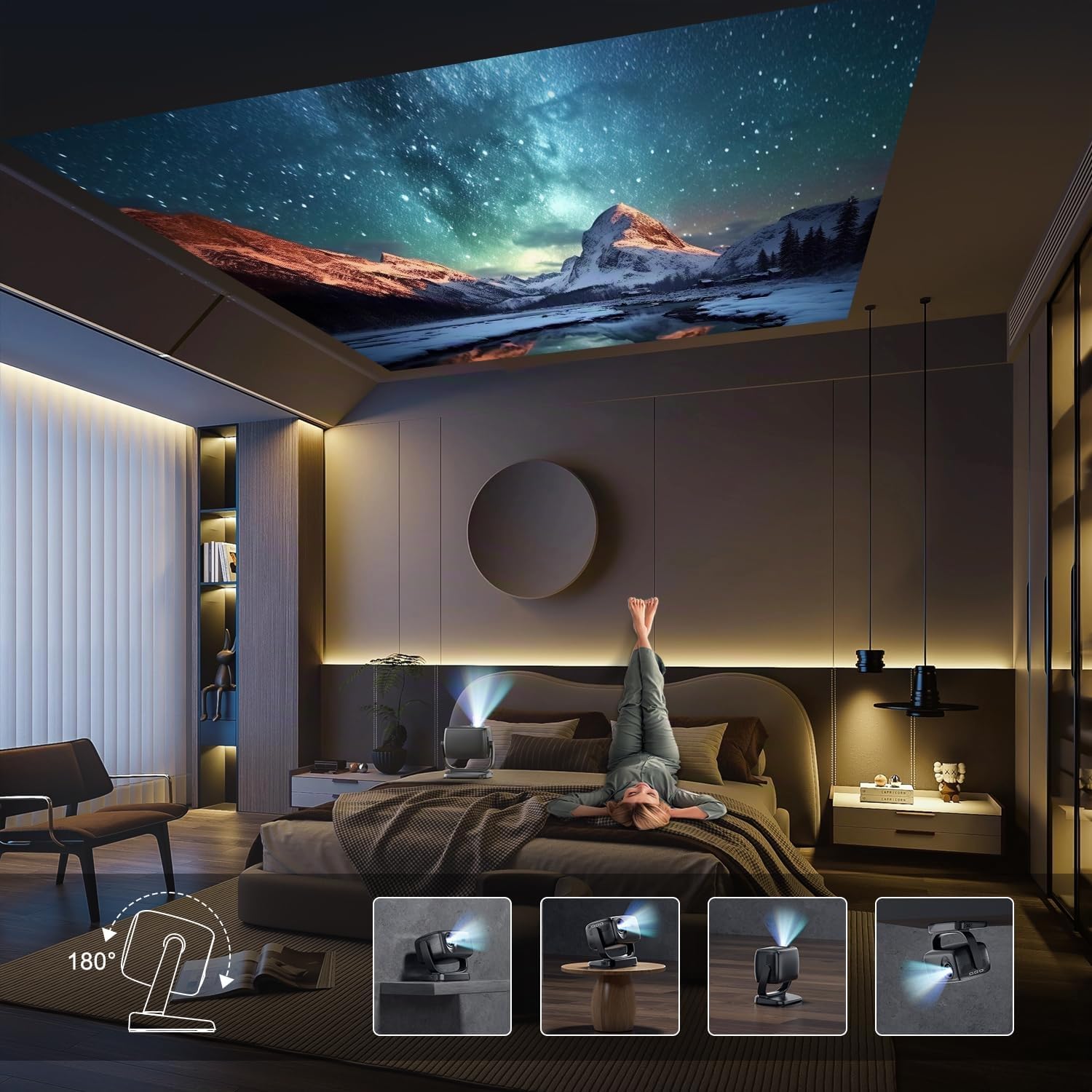 4K Proiettore Portatile Home Cinema Proiettore TV 180° Rotabile Staffa WiFi 6 Bluetooth 5.2 4P&4D Correzione Trapezoidale Focus Elettrico Videoproiettore Compatibile con Smartphone/PC/HDMI/USB