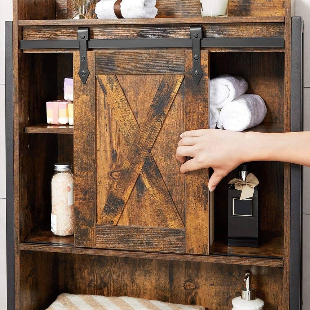 VASAGEL Toilettenregal, Badezimmerregal, mit Schrank, Stahlgestell, für Waschmaschine, einfache Montage, Industrie-Design, 64 x 24 x 171 cm, vintagebraun-schwarz BTS003B01