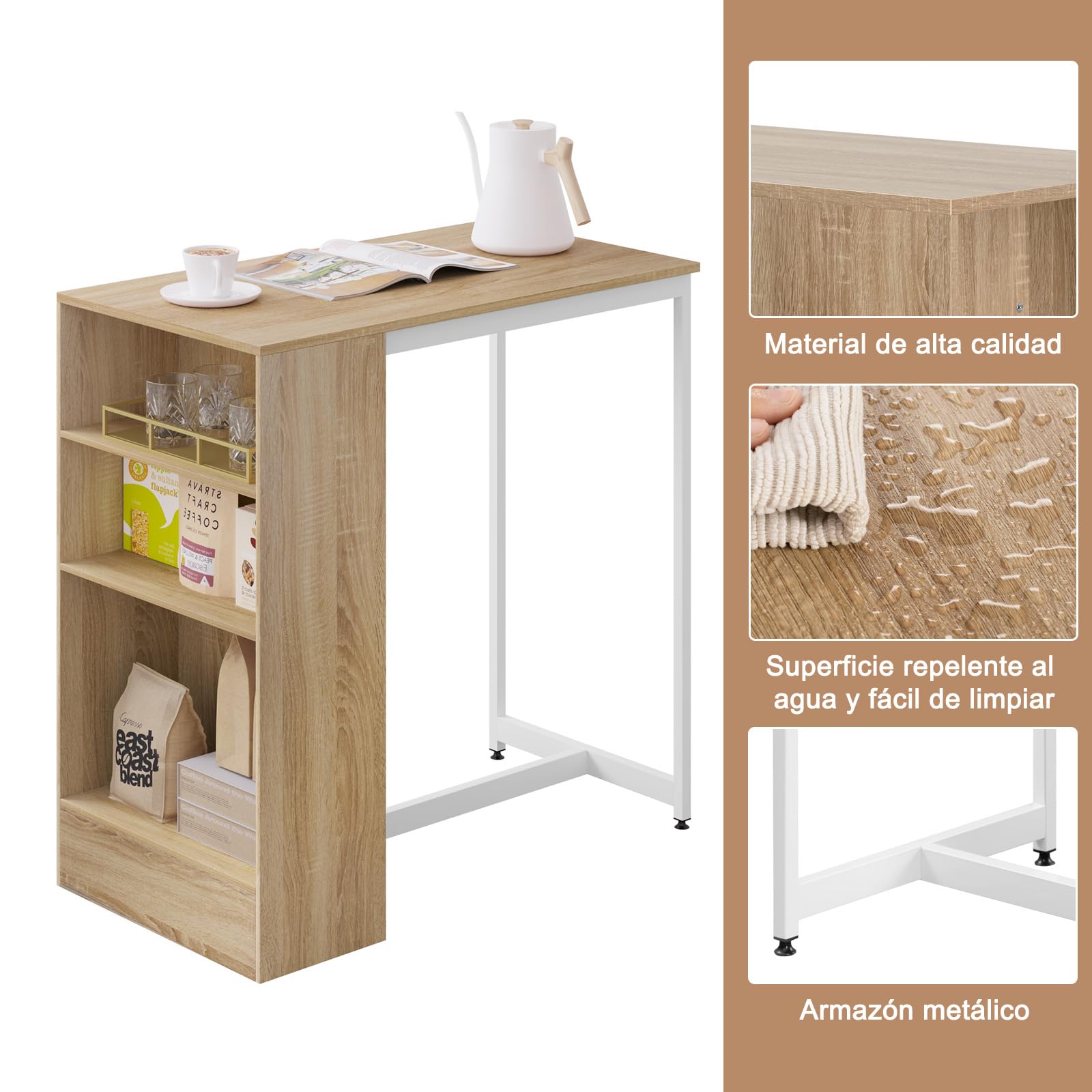 WOLTU Mesa de Bar con Estantes, Mesa Alta Cocina de Marco Metal Robusto, Barra Cocina con 3 Compartimentos Abiertos de Almacenamiento para Comedor, Roble Claro