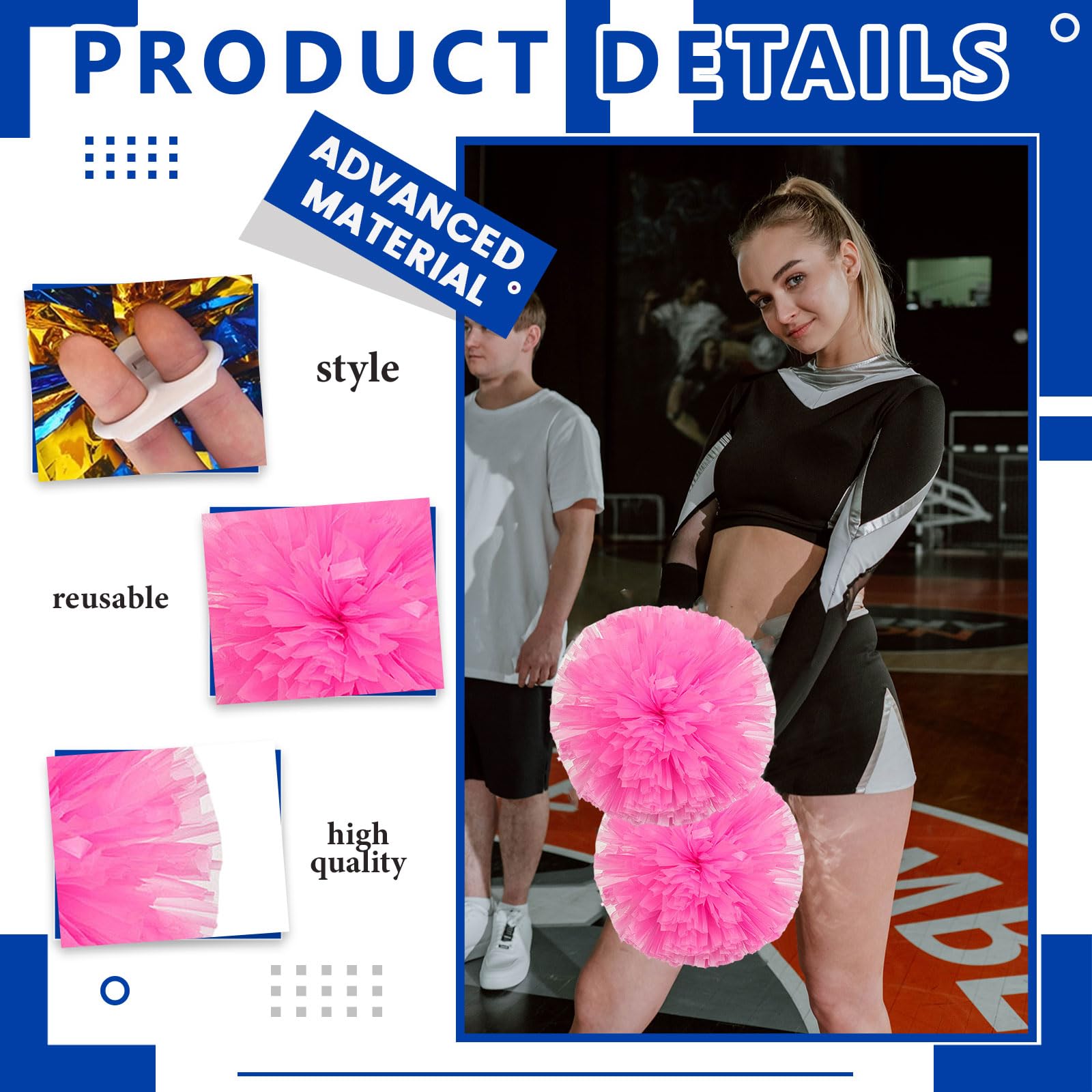 Lot de 20 pompons de 35cm, pour entraînement sportif, danse, équipe, avec anneaux. (Couleur rose)