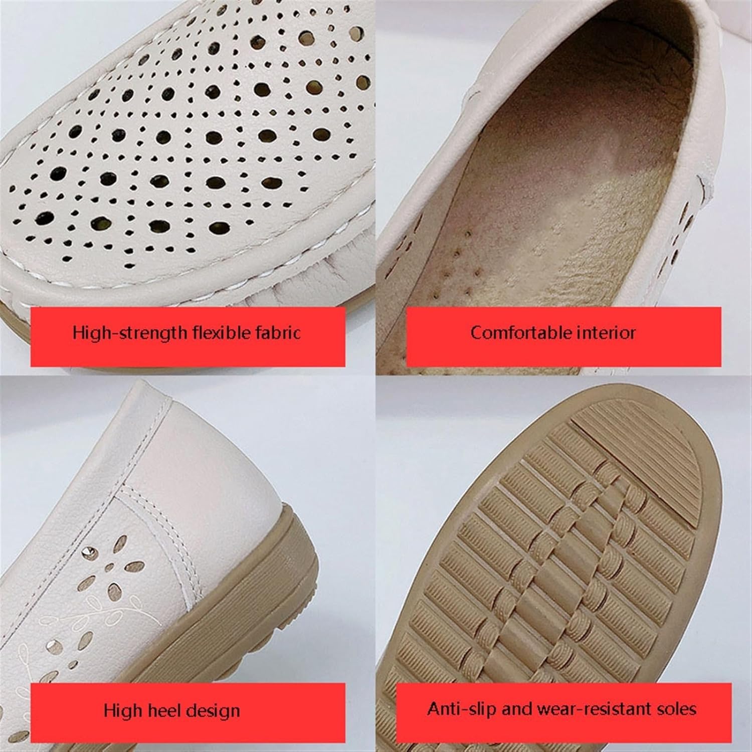 Womens Summer Hollow Slip-On Breathable Leather Nurse Shoes Slip Resistant, Work Comfortable Orthopedic Nursing Shoes, Kitchen Doctors Service Working Footwear