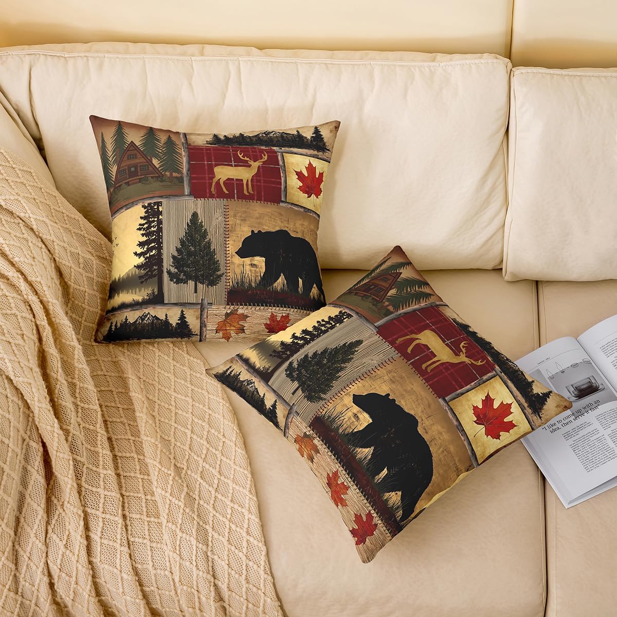 Bear Throw Pillow Covers 24x24 Inch Pack of 2, Rustic Deer Pillow Covers for Bed Sofa Couch, Farmhouse Wild Animals Cushion Covers, Maple Leaves Patchwork Decorative Accent Pillow Cases Cabin Decor
