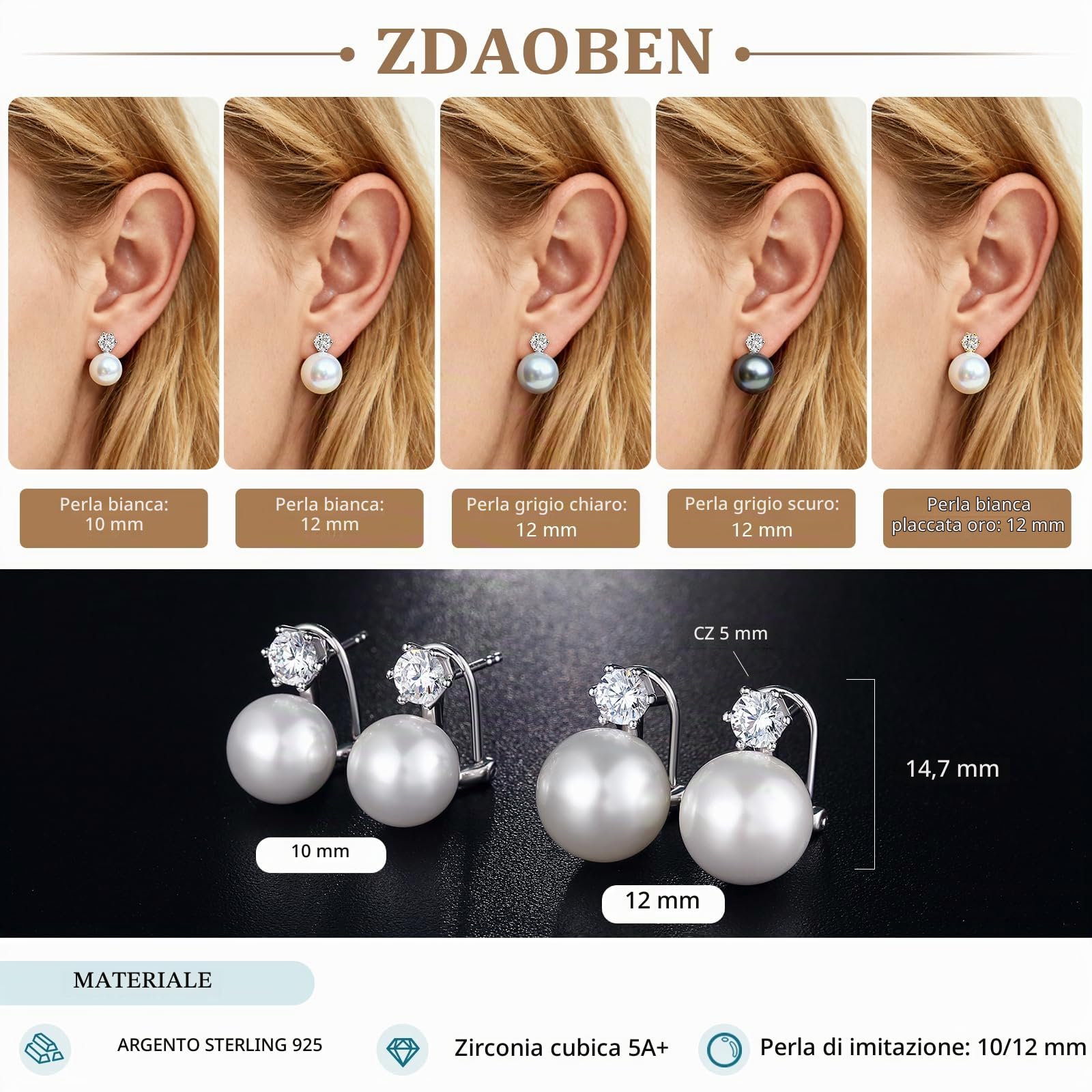 Orecchini Perle Donnain Argento Sterling 925 Perla Orecchini a Bottone Perle Zrconi Diamantati Gioielli Regali per Donne Matrimonio Spose 10/12 mm