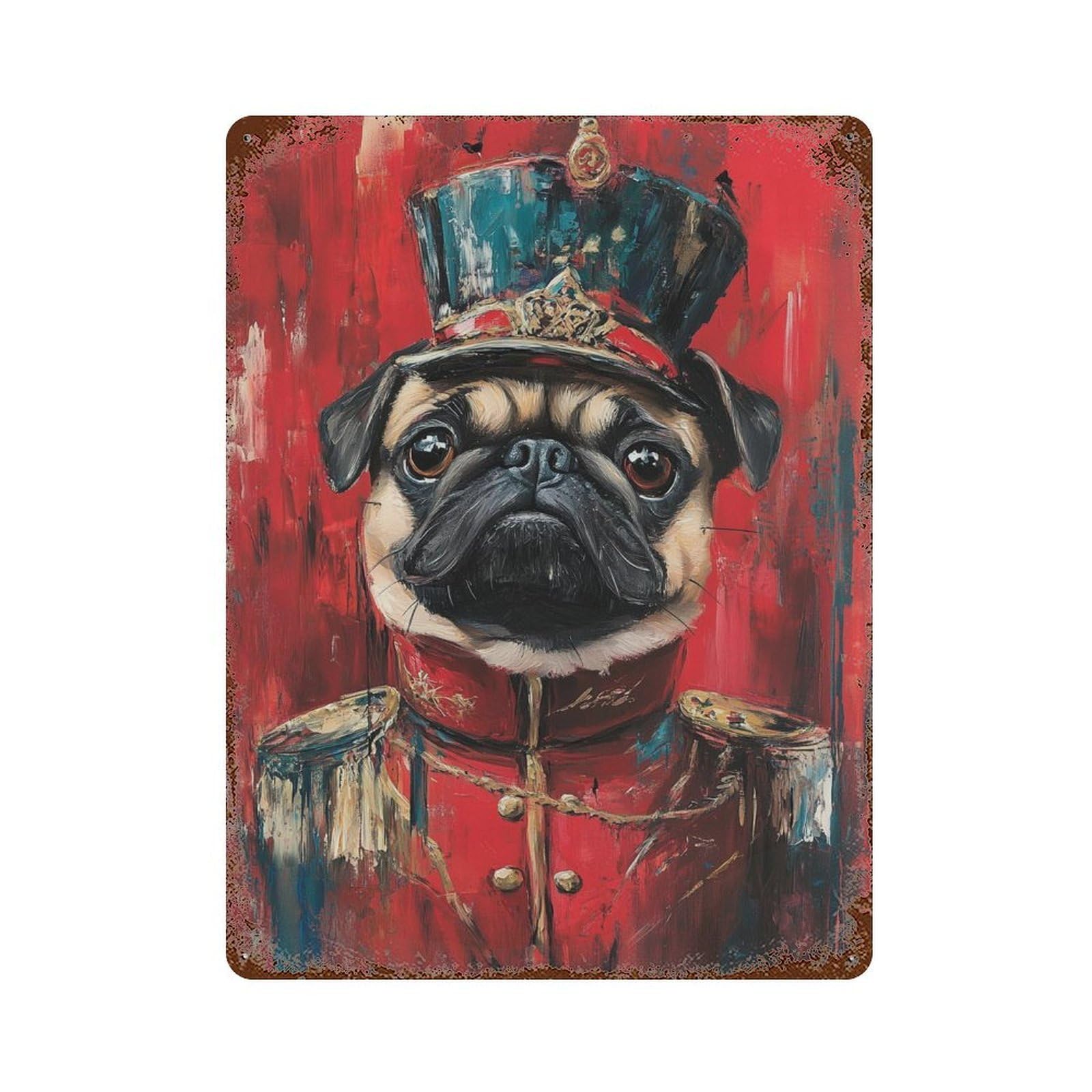 Royal Pug Portrait Print Weathered Tin Sign 15.7"x11.8", Rustic Home Decor for Garage, Bar And Workshop Decor