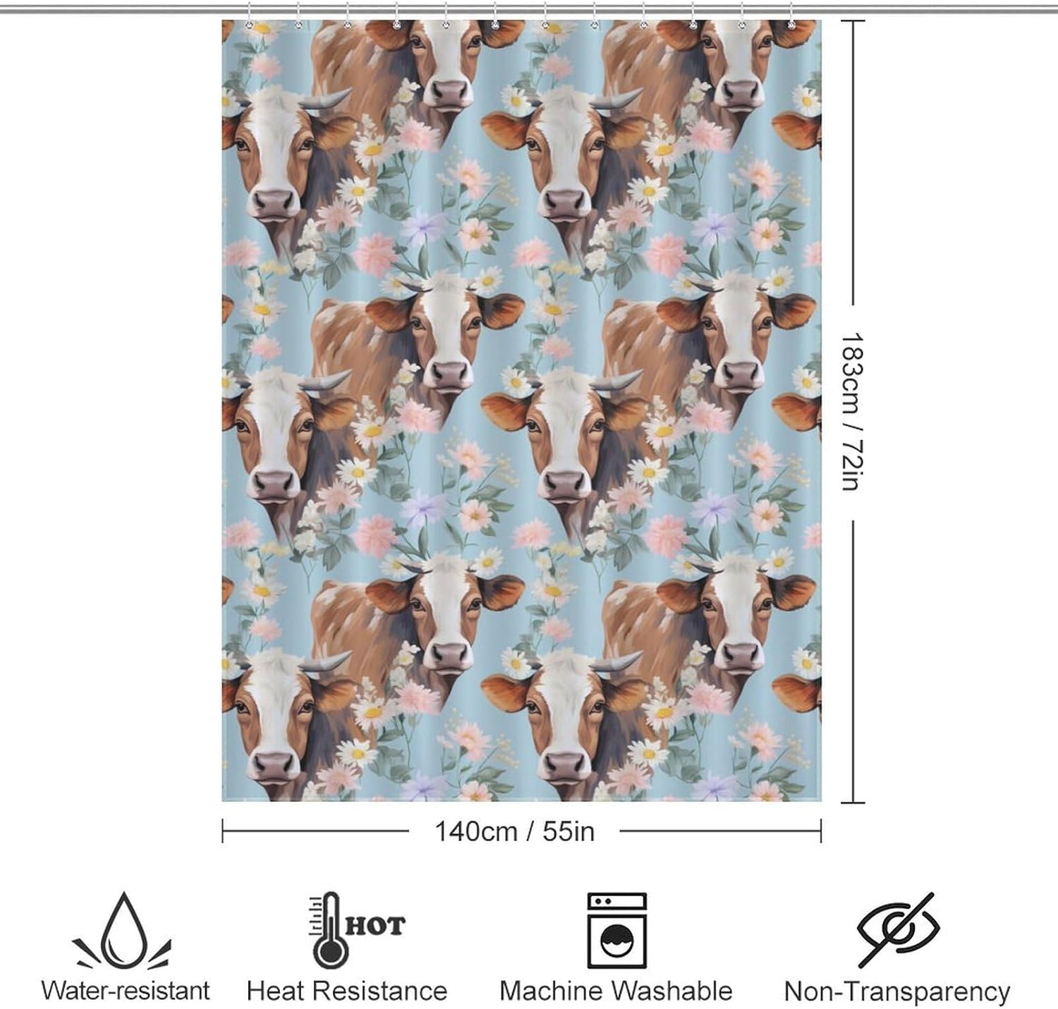 Cows Flowers Funny Shower Curtains Washable Bath Curtain Liner with Hooks for Bathroom Bath Tubs