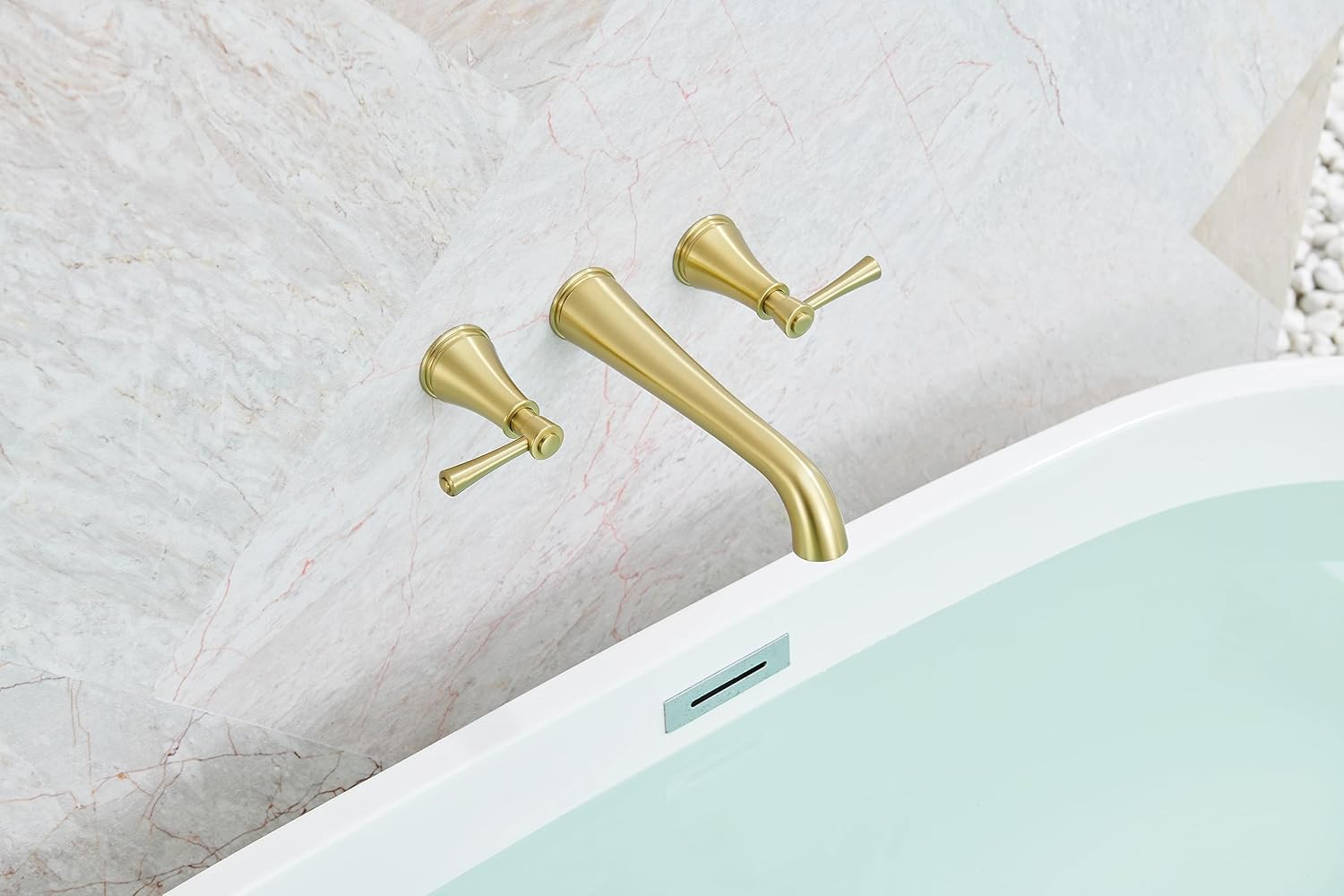 SITGES High Flow Brushed Gold Wall Mount Bathtub Faucet with Two Level Handles,Extra-Long 10.5" Spout Reach Solid Brass Wall Tub Filler with Rough-in Valve Included