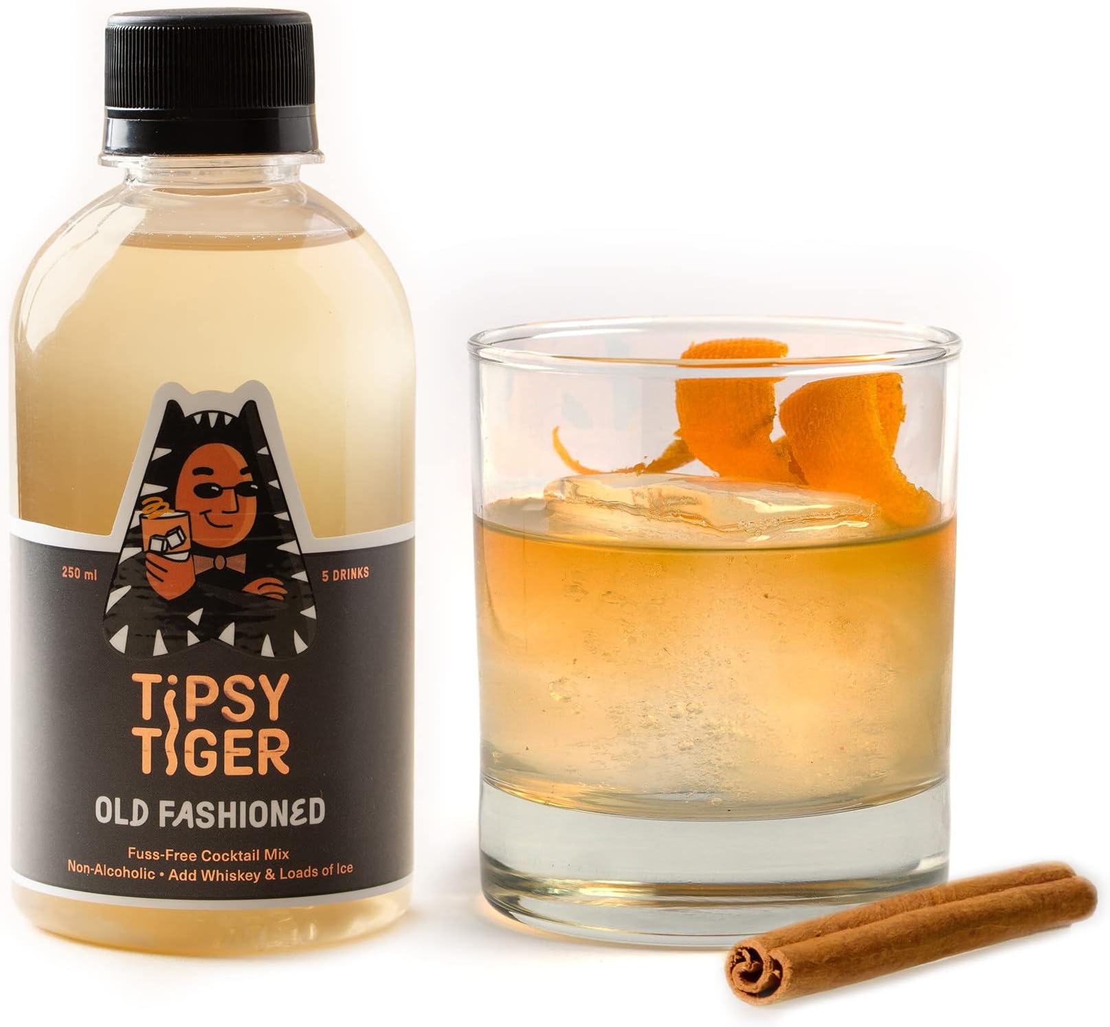 Tipsy Tiger Old Fashioned, Whiskey Cocktail Mixer, Makes 10 Drinks, Less Than 1.5% added Sugar, 250ml (Pack of 3 bottles, Coaster & eco-friendly bamboo stirrers), Fuss Free- Just add Ice and Alcohol