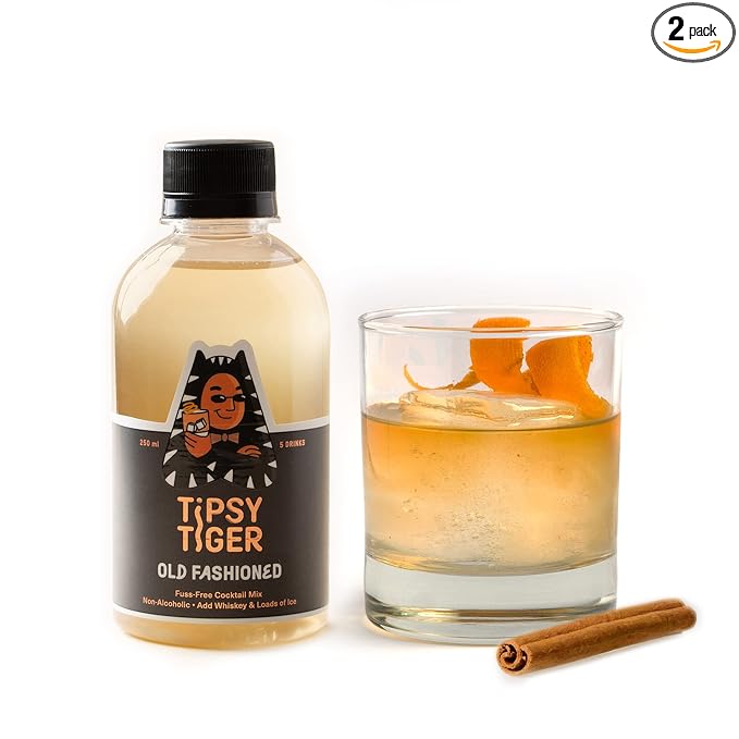 Tipsy Tiger Old Fashioned, Whiskey Cocktail Mixer, Makes 10 Drinks, Less Than 1.5% added Sugar, 250ml (Pack of 2 bottles, Coaster & eco-friendly bamboo stirrers), Fuss Free- Just add Ice and Alcohol