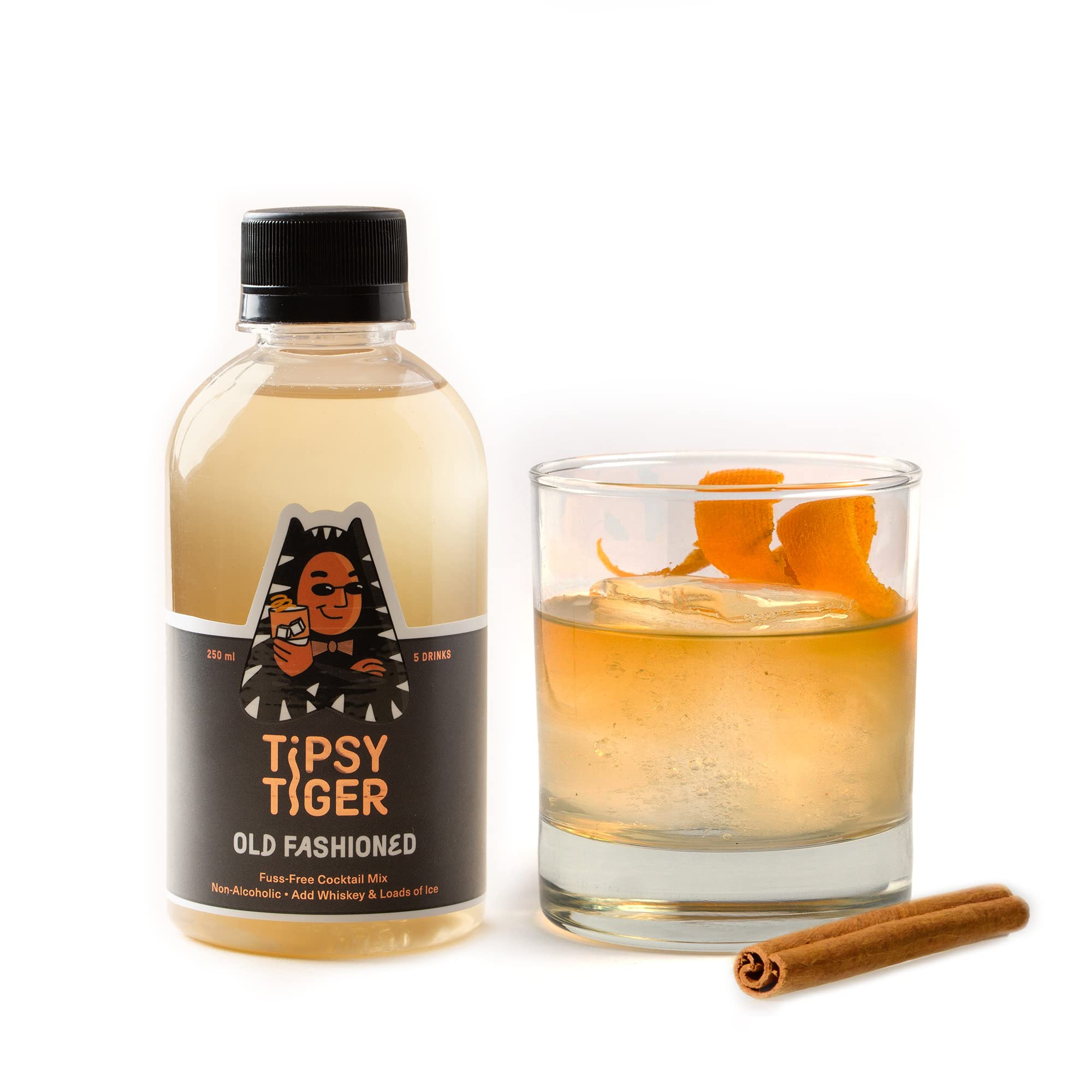 Tipsy Tiger Old Fashioned, Whiskey Cocktail Mixer, Makes 10 Drinks, Less Than 1.5% added Sugar, 250ml (Pack of 3 bottles, Coaster & eco-friendly bamboo stirrers), Fuss Free- Just add Ice and Alcohol