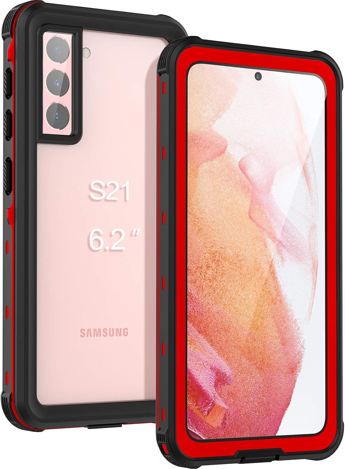 Fansteck Samsung Galaxy S21 Waterproof Case(6.2 inch), Clear Built-in Screen Protector Underwater Case with Fingerprint Film, Full Body Waterproof Dustproof Snowproof Shockproof Case for S21(Red)