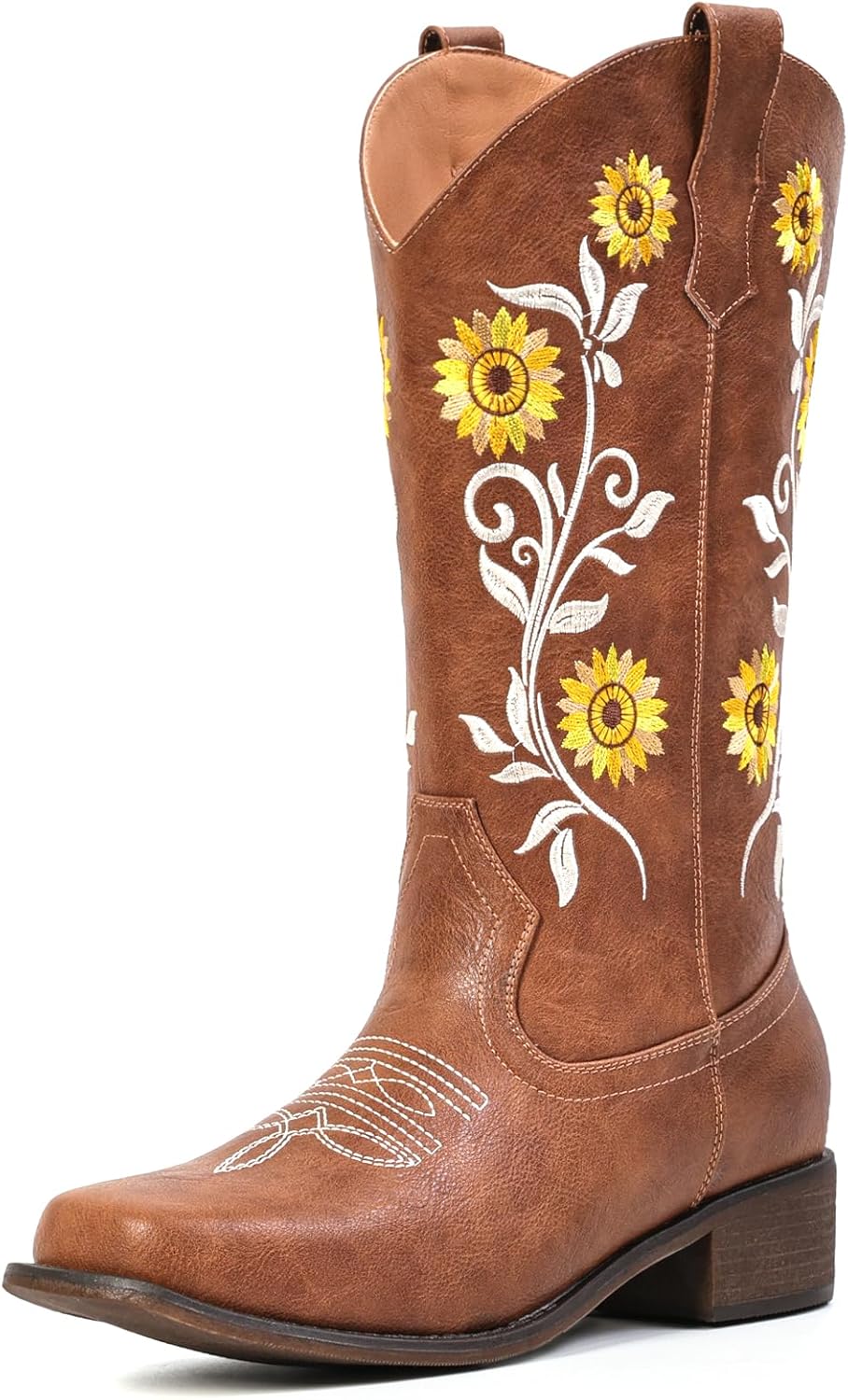 IUV Cowboy Boots For Women Sunflower Square Toe Mid Calf Western Pull On Fashion Cowgirl Boots