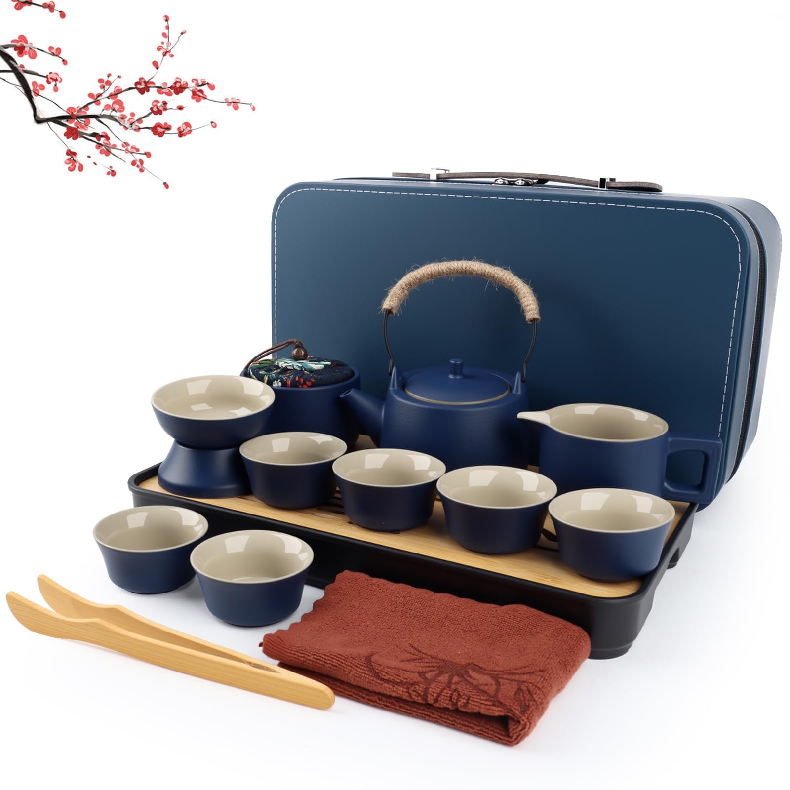 14 Pièces Thé Complet - Service à thé en Porcelaine avec et Plateau, Service à thé Japonais, Service à thé chinois pour Thé en Vrac,6 Tasses en Céramique Isolées de 120 ml,220ml Théière Thés à Fleurs