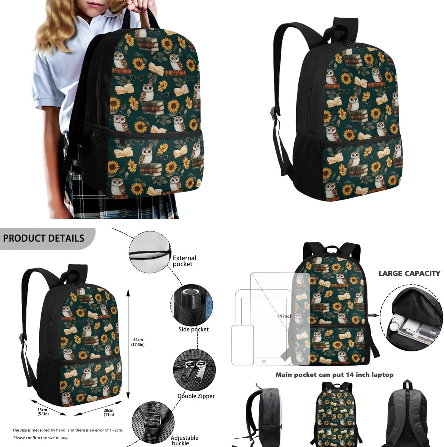 Owl Backpack for School Teens Girls 12-14 Sunflower Insulated Lunch Bag for Kids 4 in 1 Personalized Print Pencil Case with Slots Lightweight Water Bottle Cover Sleeve