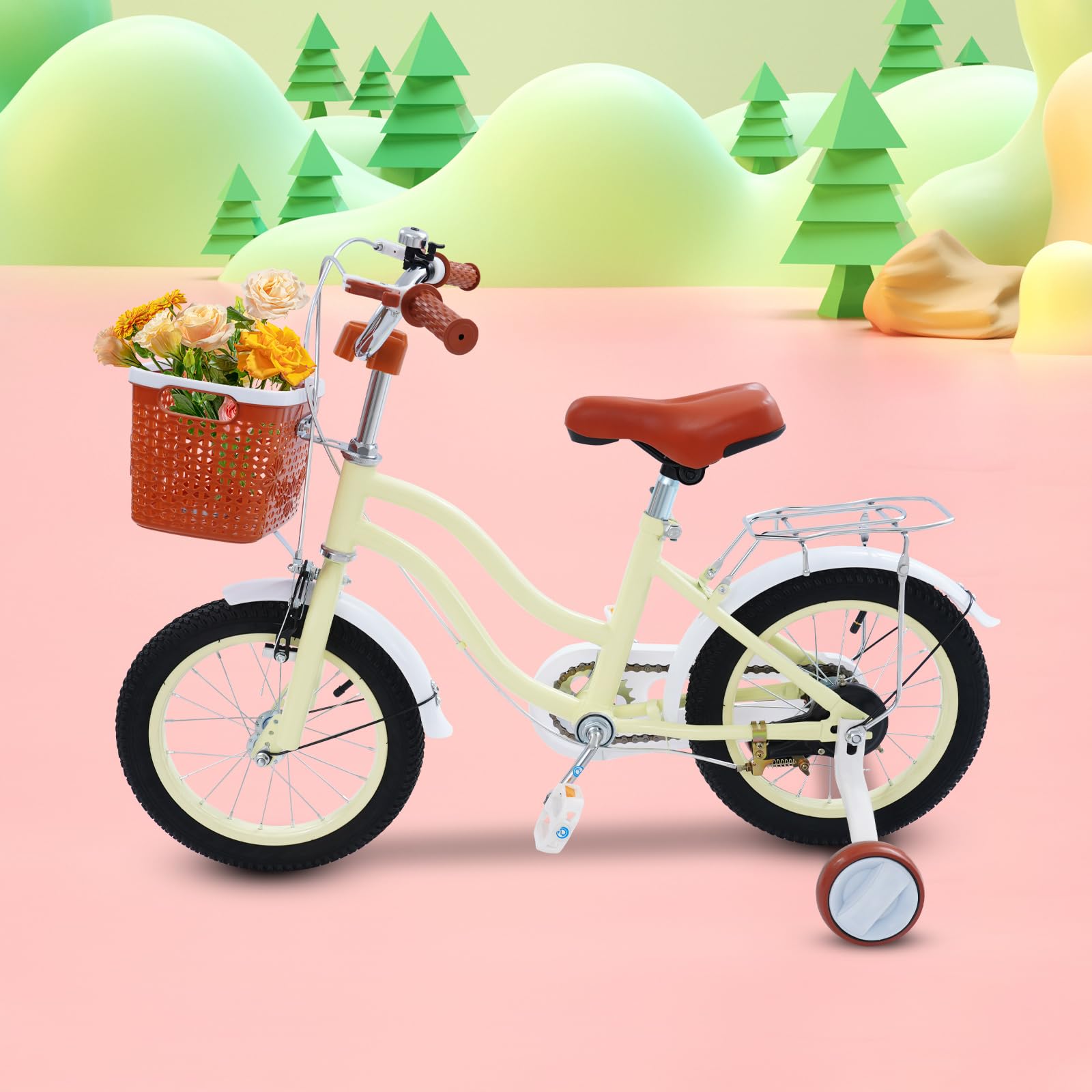 Vélo pour enfant de 14 pouces, avec roues stabilisatrices, panier et siège arrière, pour garçons et filles de 3 à 7 ans, guidon réglable en hauteur, cadre robuste, design rétro pour la ville et