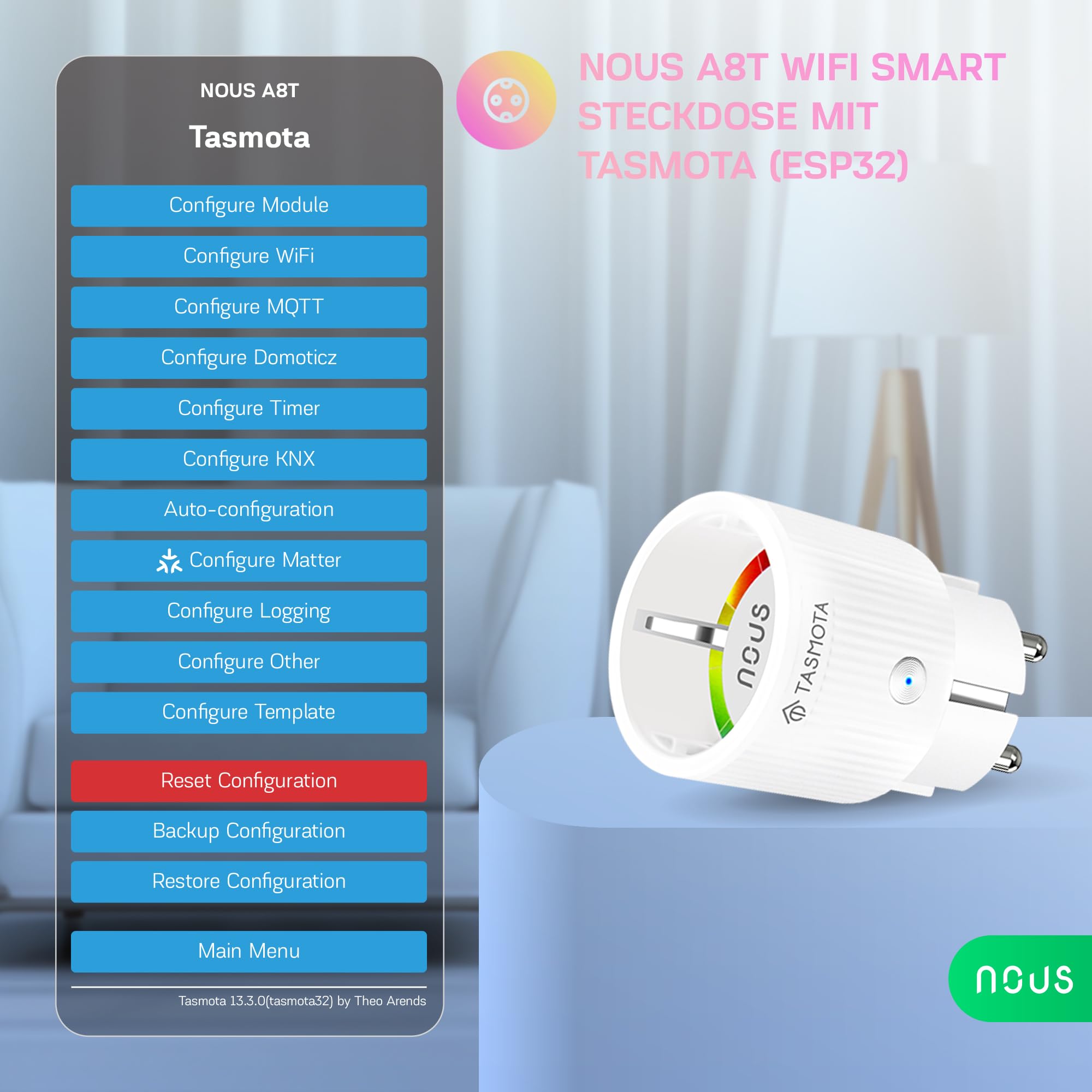 Tasmota Prise NOUS A8T, la plus petite prise Wi-Fi ESP32, mini prise Wi-Fi 10 A avec consommation d'énergie, minuterie, compatible avec Matter, Alexa, Google Home, Assistant, MQTT, 2,4 G