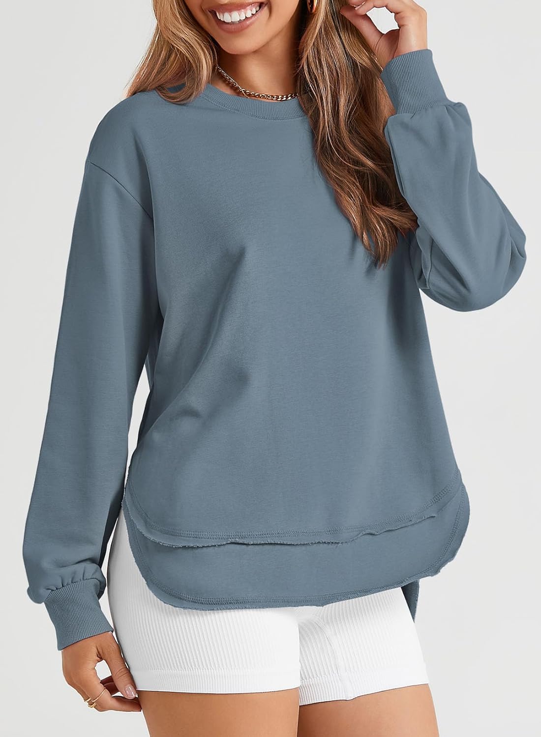 EVALESS Sweatshirt for Women Crewneck Long Sleeve Side Split Tops Casual Solid Color Loose Pullover Shirts 2025 Clothes - Image 4