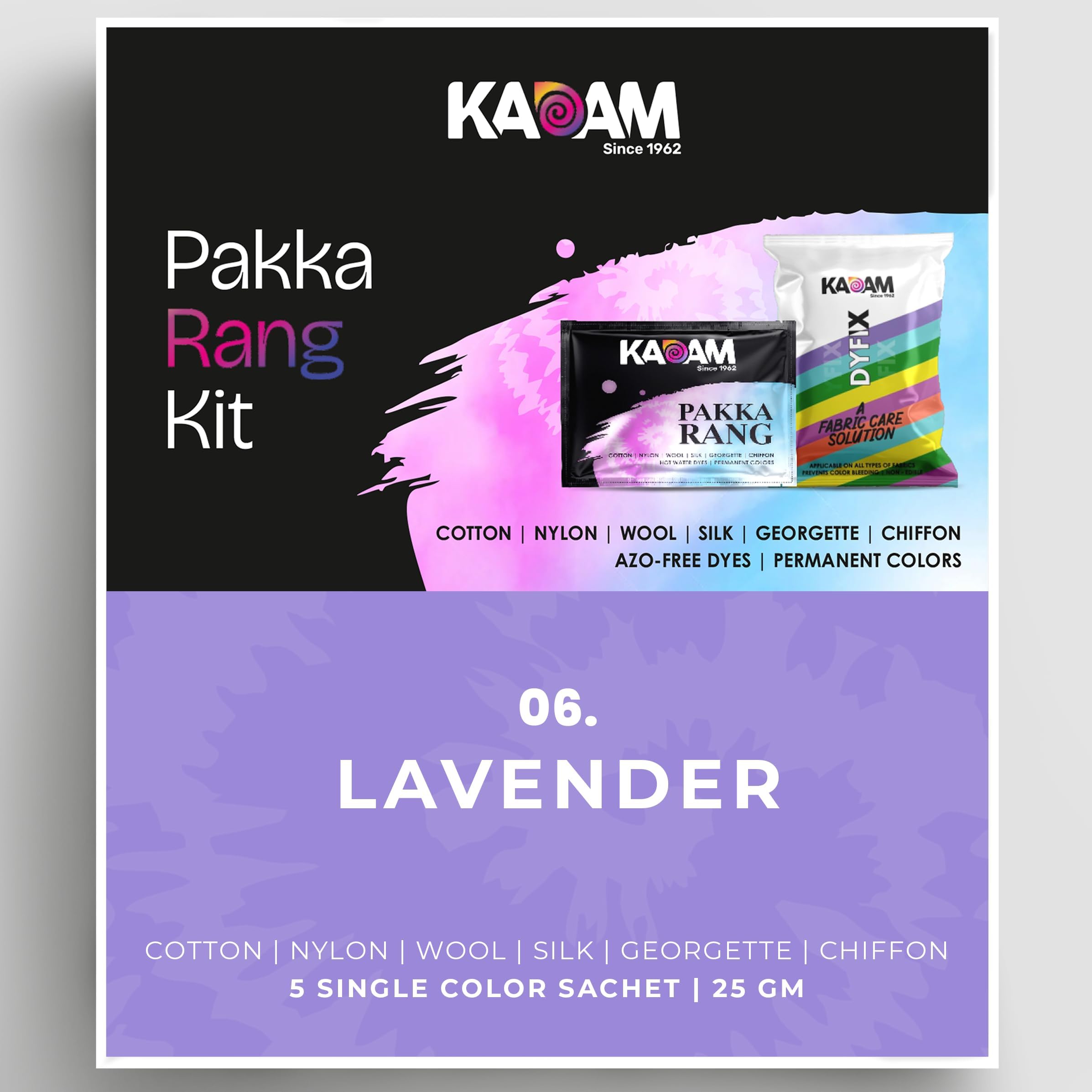 Kadam Pakka Rang Fabric Dye Colour | 25g Pack | Includes DyFix Color Fixer | Permanent Fabric Dyes for Old Faded Jeans and Clothes (Lavender)