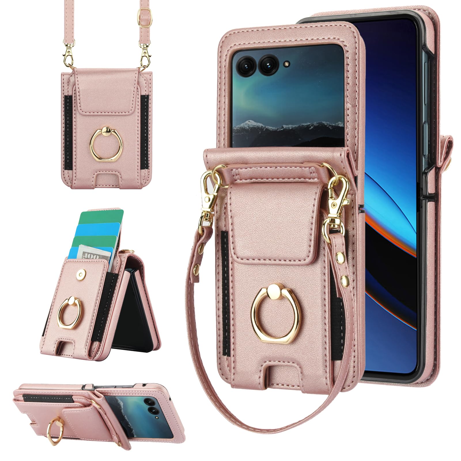 Phone Case for Motorola Moto Razr 50 Ultra/Razr+ 2024/Razr Plus 2024 Wallet Cover with Ring Crossbody Wrist Strap Lanyard Credit Card Holder Slot