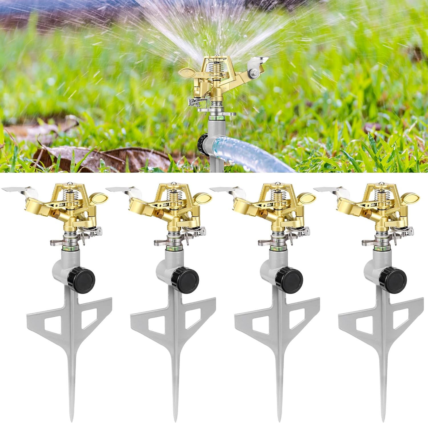 Chengu 4 Pack Adjustable Impact Water Lawn Sprinkler, Heavy Duty Sprinkler Head and Zinc Alloy Spike Base for Large Area Grass Yards Garden Irrigation