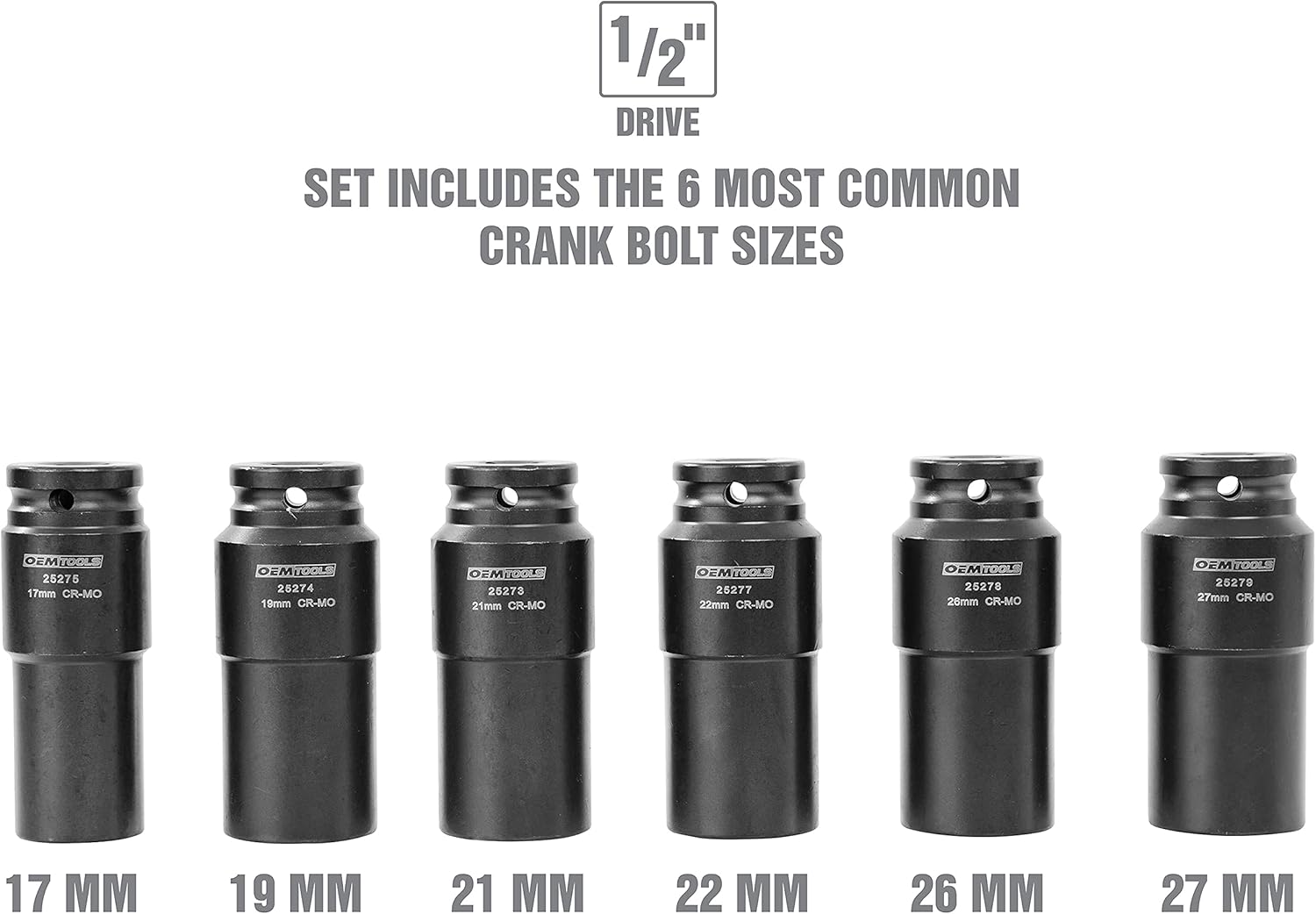 OEMTOOLS 25276 6 Piece Harmonic Balancer Puller Socket Set, Crankshaft Bolt Removal Tool Heavy Duty Impact Sockets, Harmonic Balancer Socket 17mm -27 mm, Chrome Moly Steel, 1/2" Drive