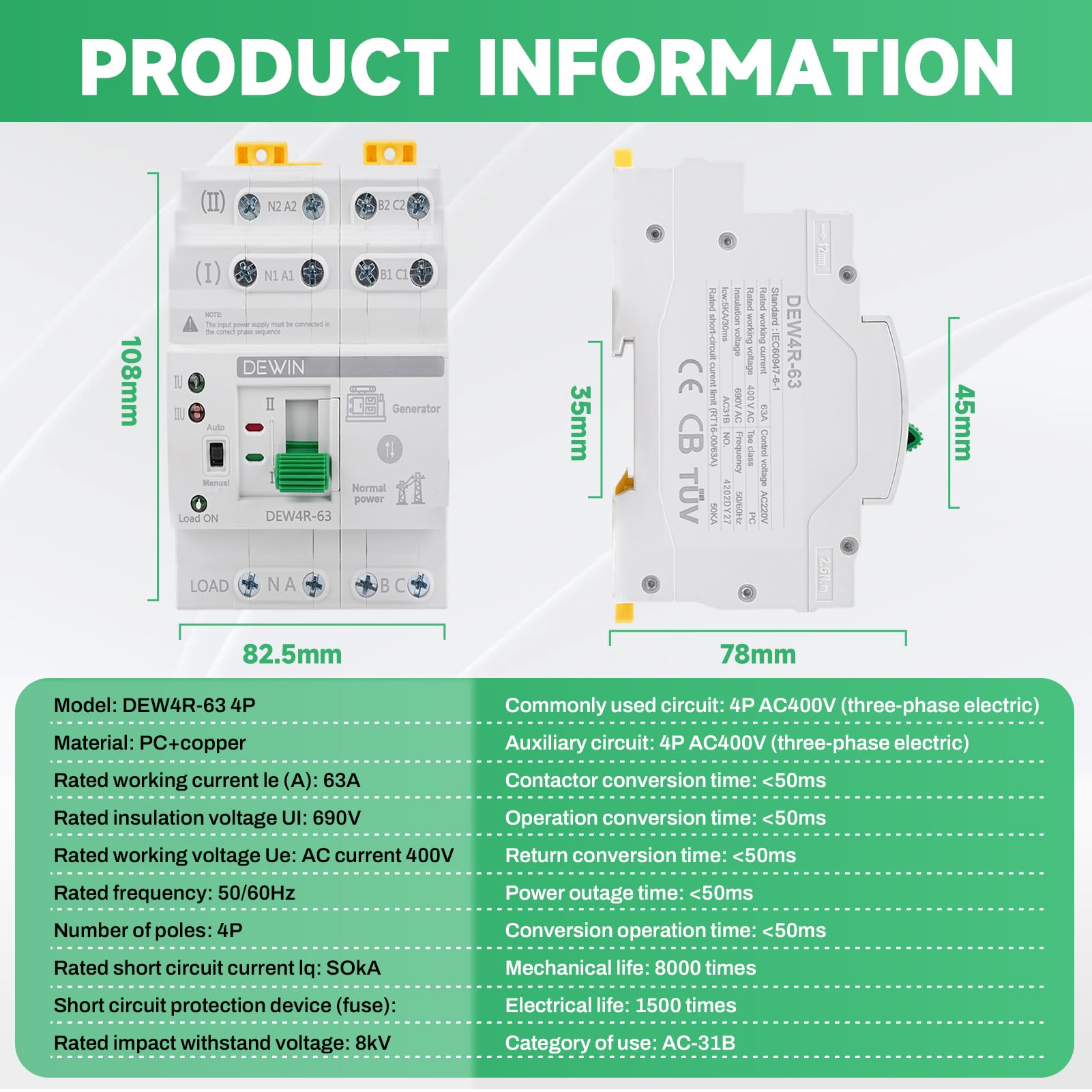 Interruptor de Transferencia Automático, ATS 4P 63A 400V Dual Power Automatic Transfer Switch Trifásico de 4 Hilos Conmutador de Transferencia Automática de Corriente de Emergencia, G2R