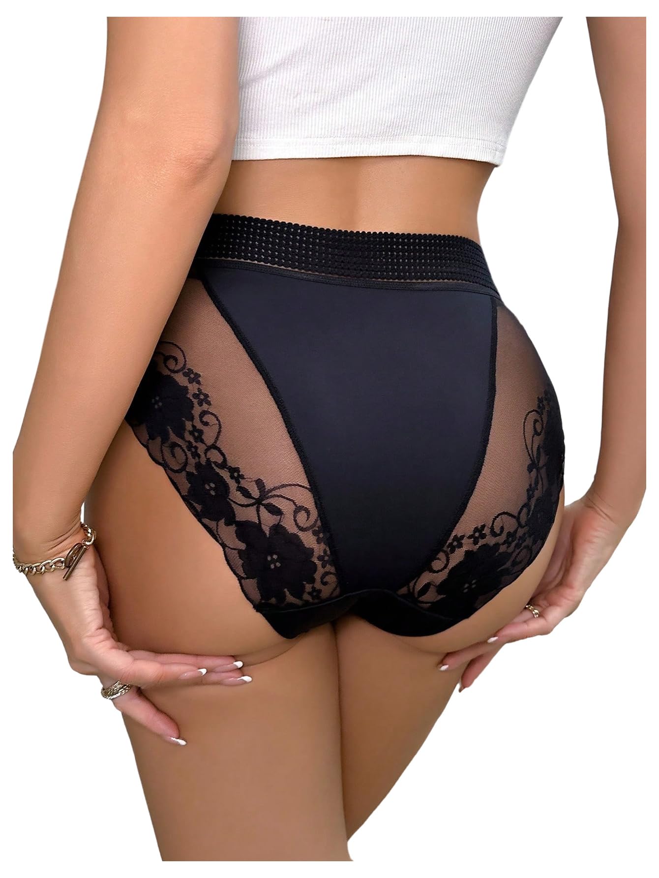 WDIRARA Women's Floral Lace Sheer Briefs High Waist Panties Sexy Seamless Underwear