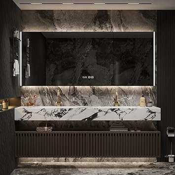 60" Modern Double Sink Bathroom Vanity - Smart LED Defog Mirror Cabinet with Time Display, Ceramic Sink, Waterproof Multi-Layer Solid Wood, Floating, Fully Pre-Assembled, Ample Storage