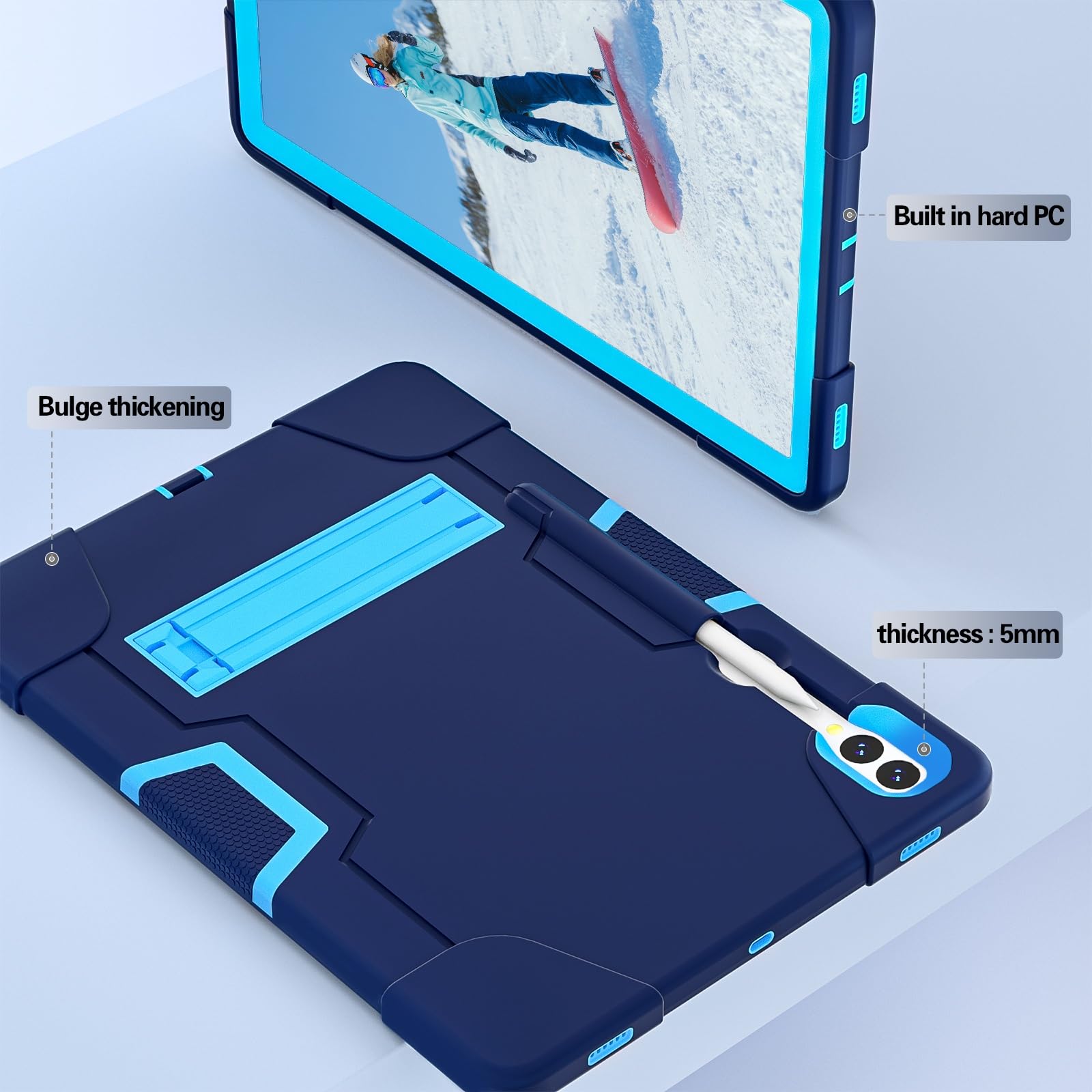 Do Samsung Galaxy Tab S9 Plus/Tab FE Plus SM-X810/X818U 31.5 cm (2023) etui silikonowe do tabletu z podpórką, wytrzymałe, odporne na wstrząsy, wytrzymałe etui ochronne (granatowe + niebieskie)