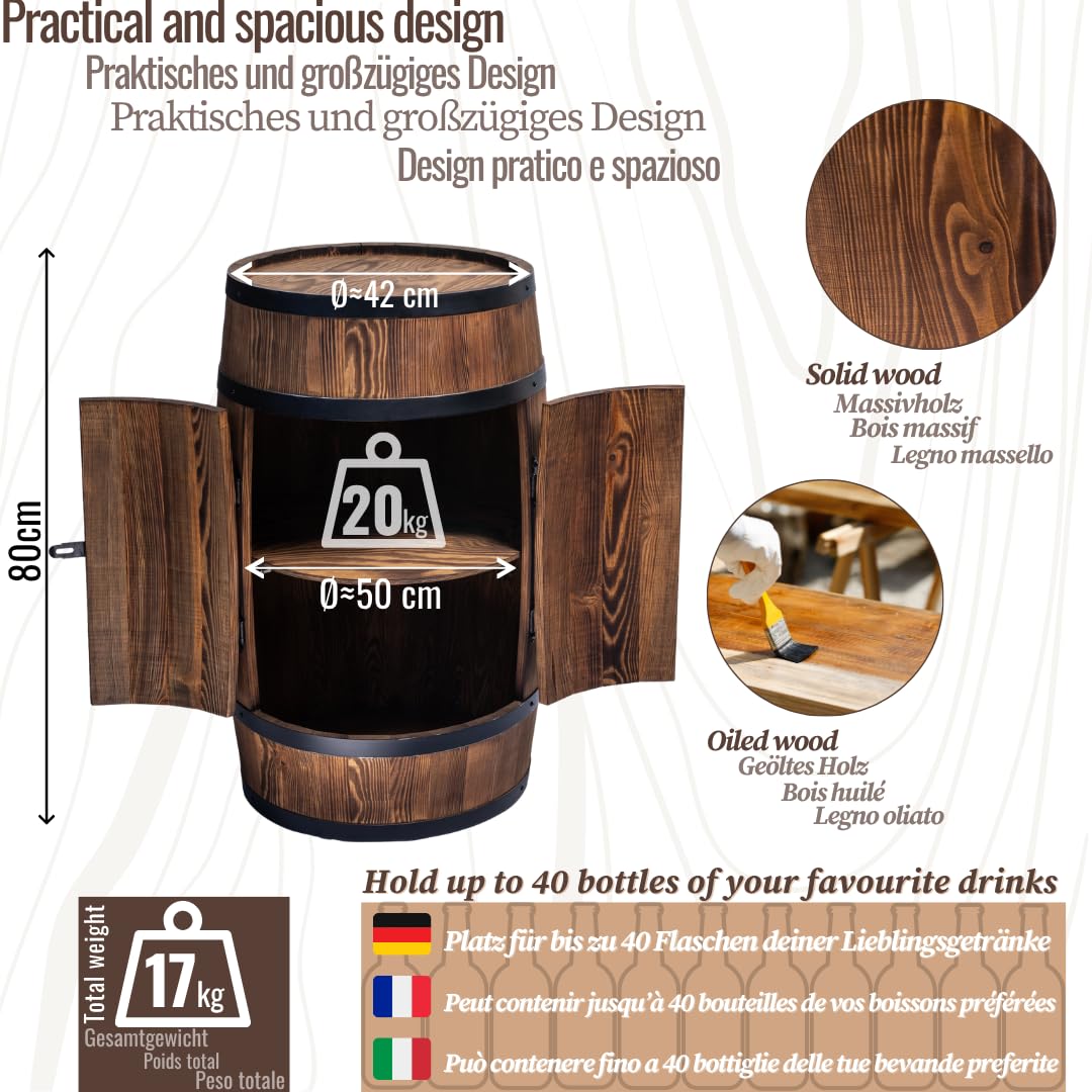 CREATIVE COOPER Fassbar Stehtisch mit Tür und LED RGB - Alkoholschrank Flaschenregal Holz - Holzfass - Fassmöbel - Wineregal - Whiskybar- Weinfass mit Tür - 80 cm (Sonnenverbranntes wenge)