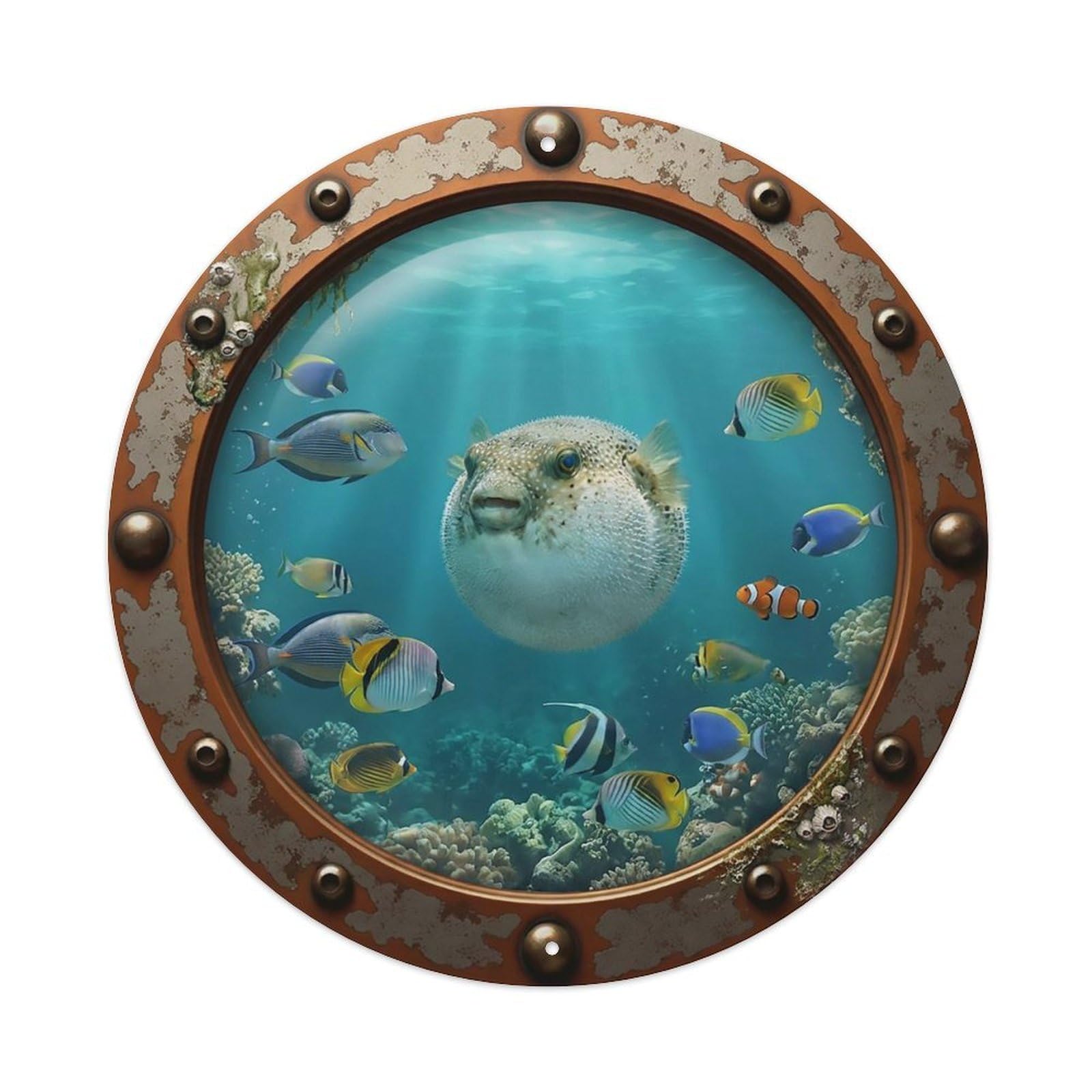 Vintage Porthole Pufferfish Nautical Window View Metal Tin Sign