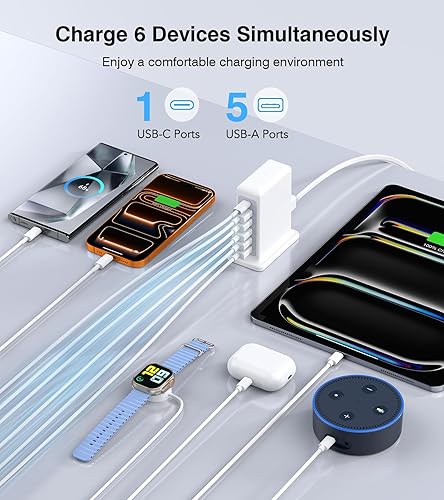 Miniatura 2 de Bloque de cargador USB, estación de carga de 6 puertos de 45 W para múltiples dispositivos, torre de carga USB A y tipo C, tira de alimentación