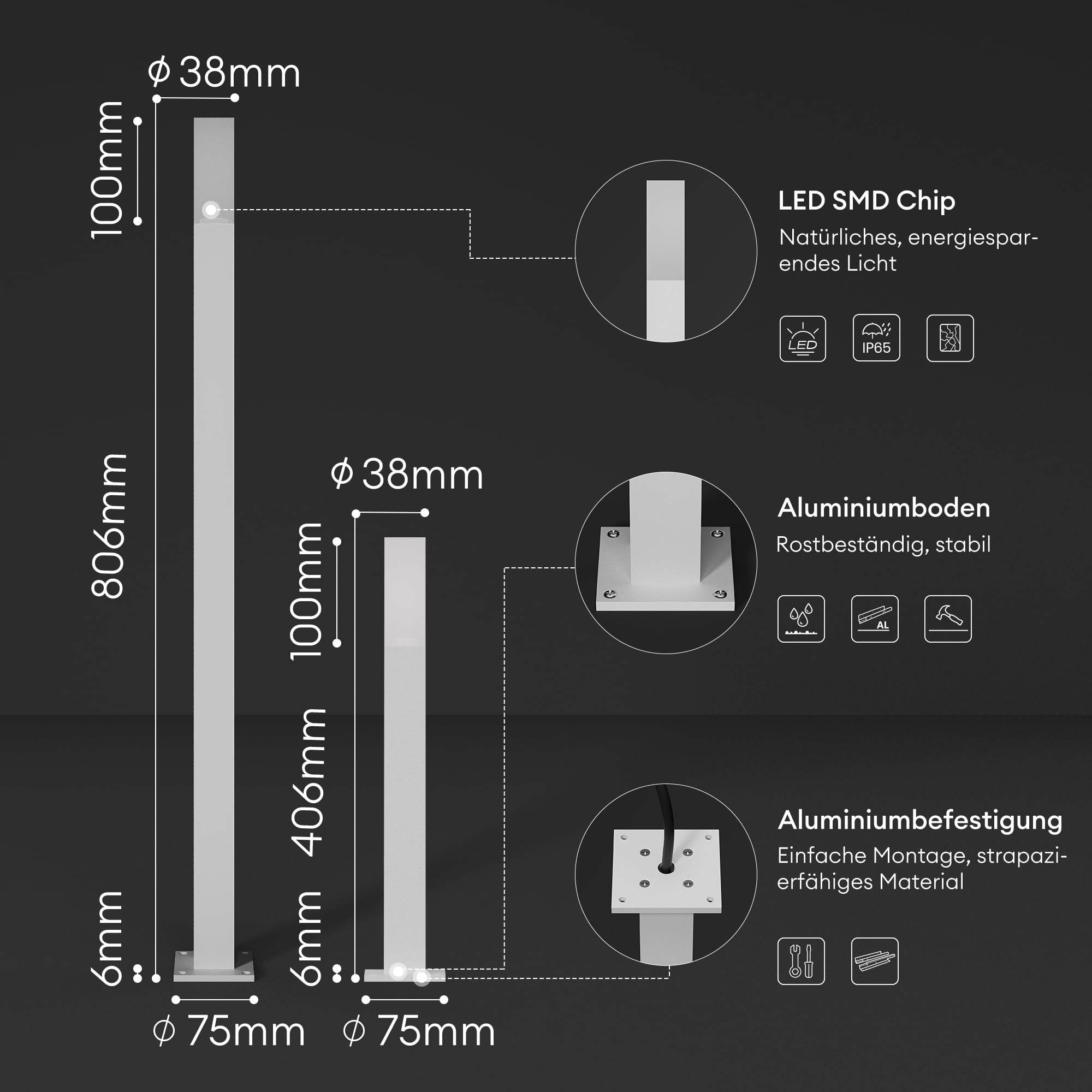 Mai & Mai Lampione da Giardino 3000K, Luminoso da Giardino IP65 Paletti Esterni Led 3.8x3.8x40.6cm in Alluminio per Giardini, Parchi, Aree Residenziali e Ingressi Deus Lumina, Sabbia bianco
