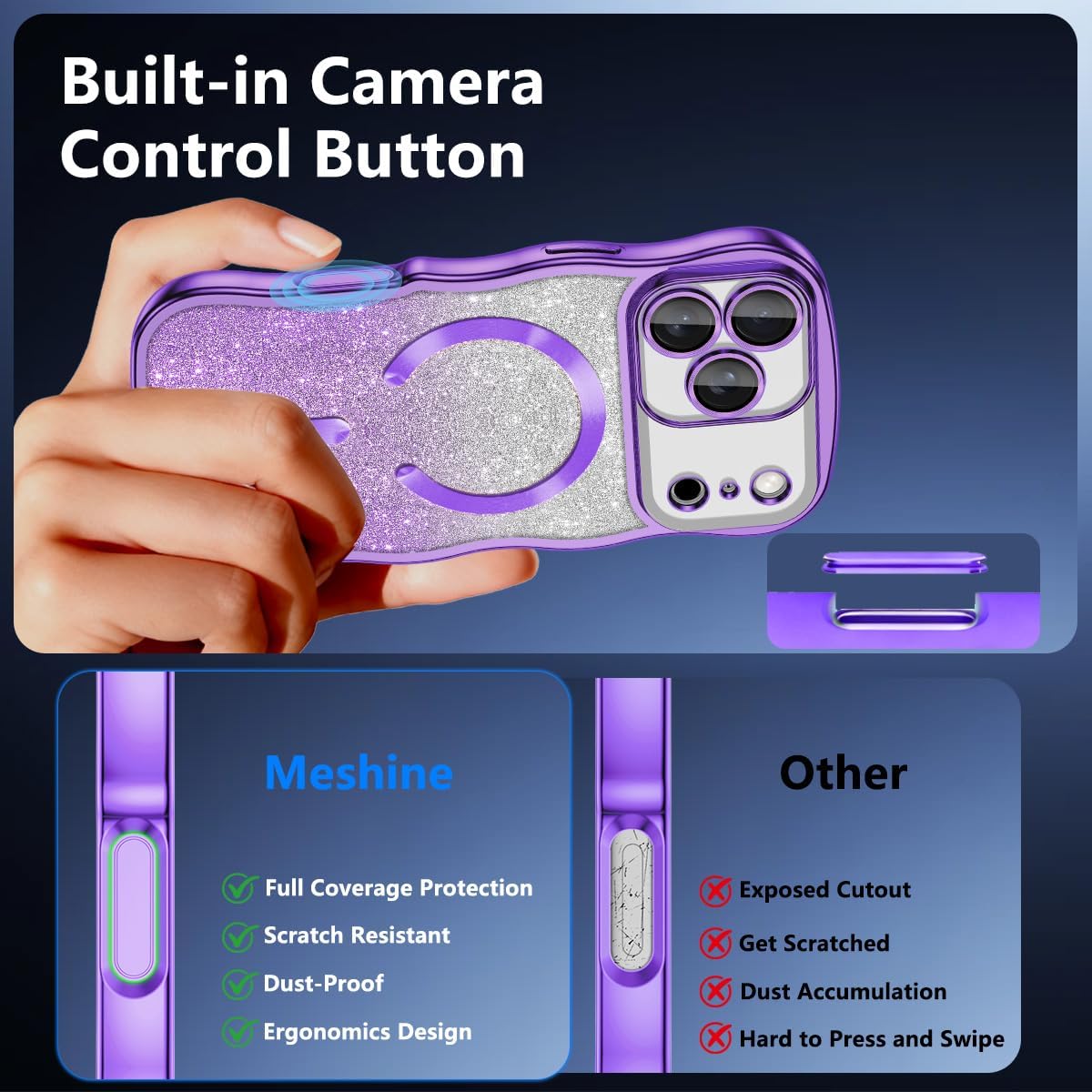 Meshine for iPhone 17 Pro Max Case,[Compatible with MagSafe][Built-in Camera Lens],Magnetic Curly Wavy Frame Shockproof Cute for Women Girls Cover for Apple iPhone 17 Pro Max 6.9 Inch,Glitter Purple - Image 6