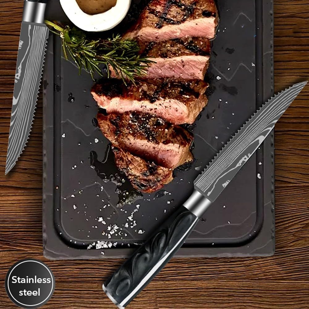 Steak Knife Set, 6PCS Steak Knife Set Full Tang Meat Table Knife for Kitchen Stainless Steel Serrated Bread Knife Beef Cleaver Cutlery Dinner Knives