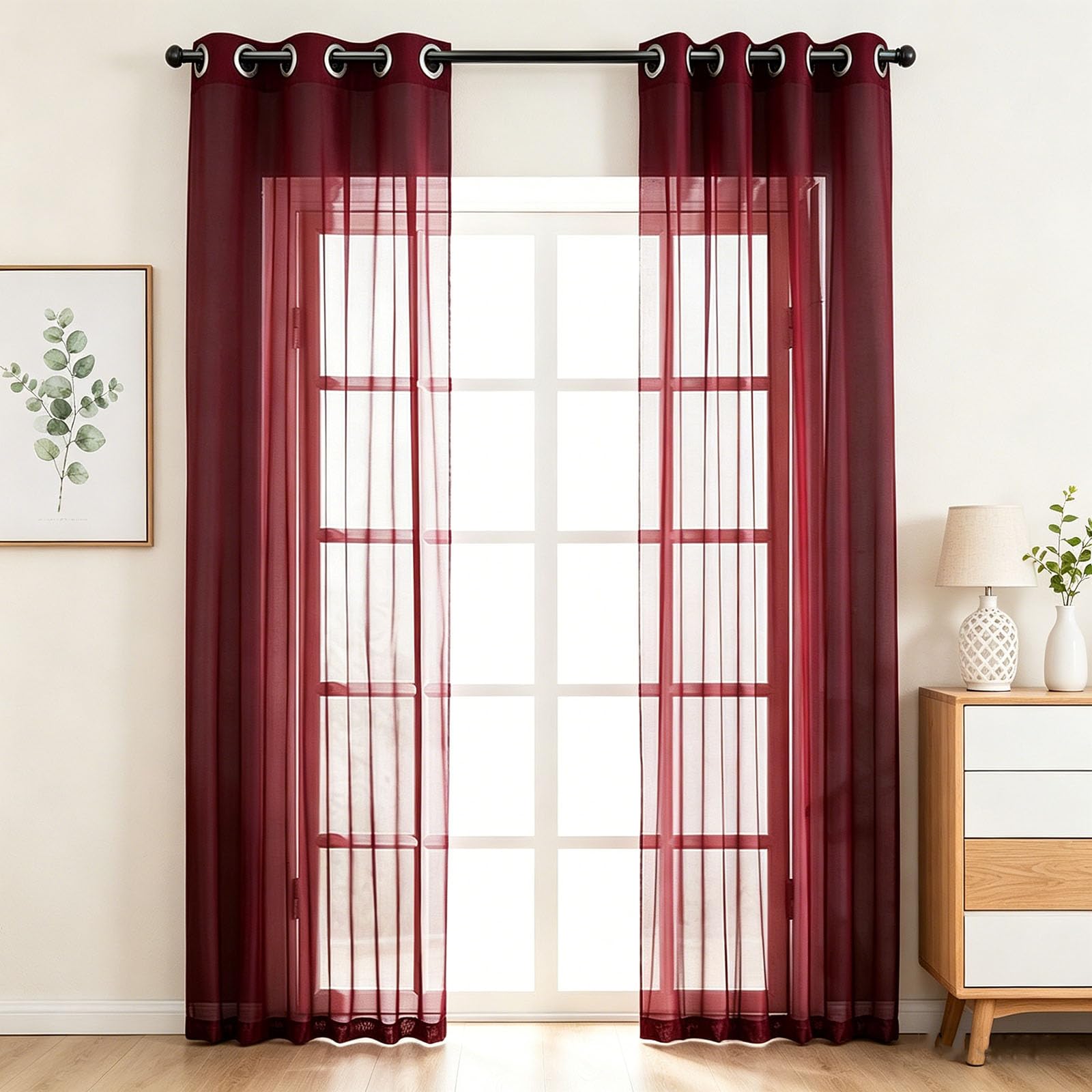 Rideaux voilage rouge 165x85 cm semi-transparent pour filtrer la lumière du salon