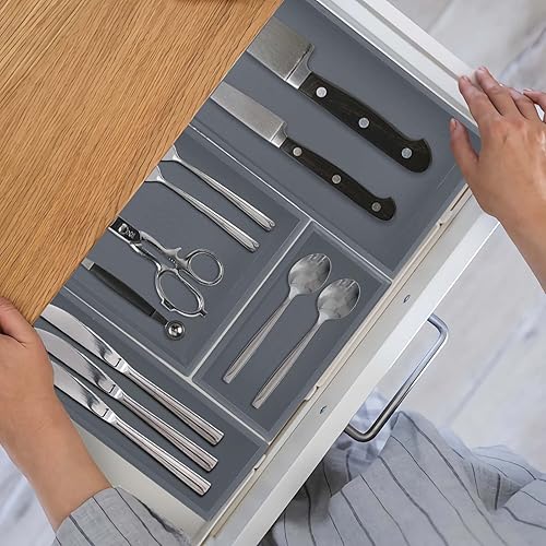 Miniatura 3 de PRATIQUE Organizador de cajones de bambú, organizador de utensilios de cocina, bandeja de cubiertos, suministros de escritorio de oficina y