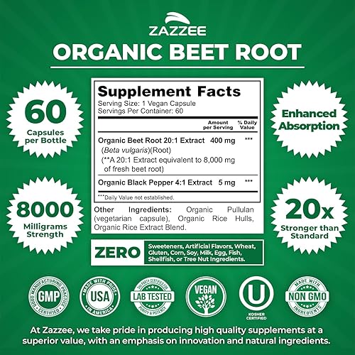 Miniatura 2 de Zazzee USDA - Extracto orgánico de remolacha de 8000 mg de fuerza 201, 60 cápsulas veganas de liberación rápida, extracto de pimienta negra para una