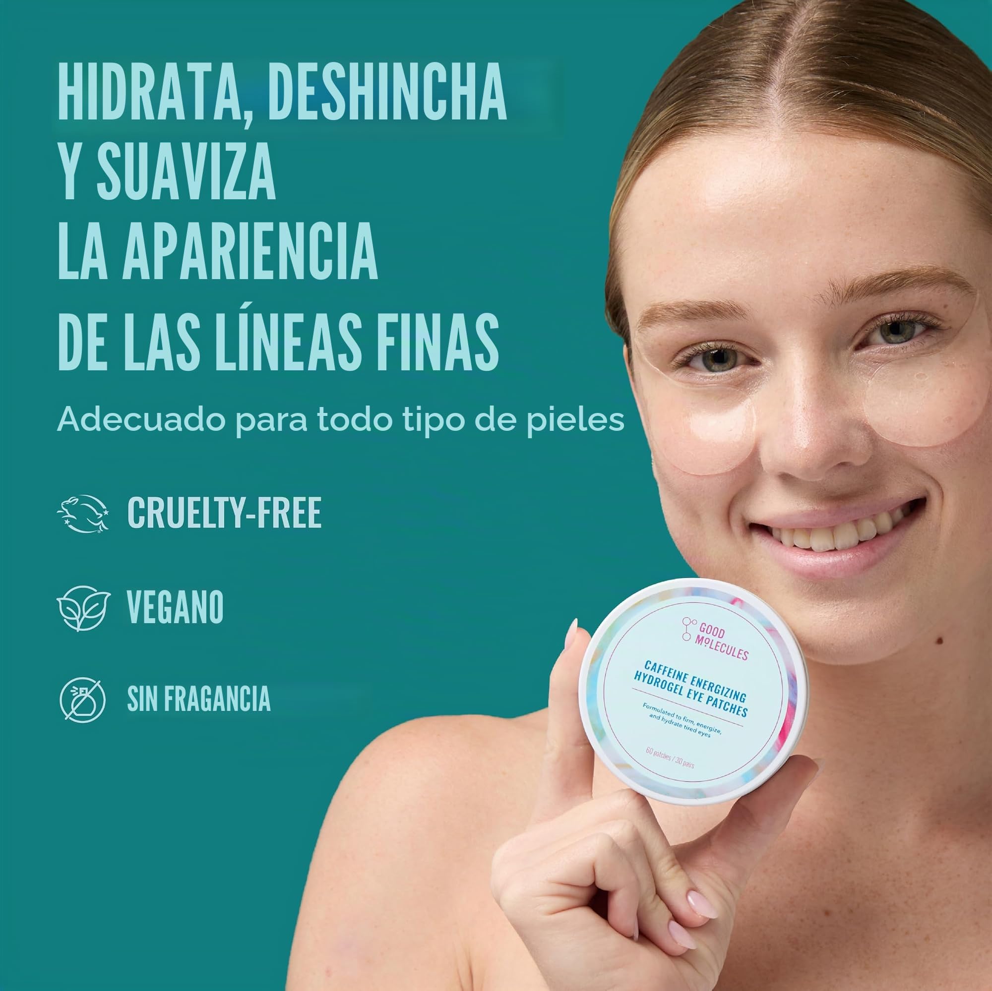 Good Molecules Parches de ojos de hidrogel energizante con cafeína, máscara de ojos con ácido hialurónico que hidrata y reduce la hinchazón, paquete de 30, cuidado de la piel para la cara