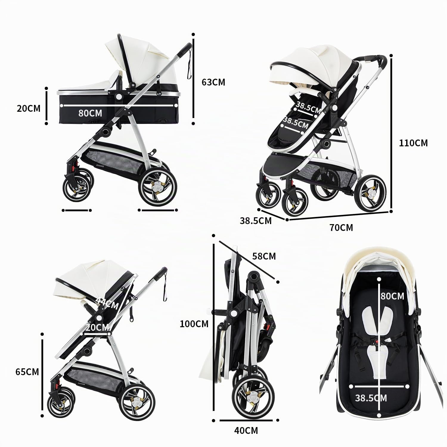 Cuir 3 en 1 Poussette Combinée, Poussettes Citadines Avec ECE R129 Siège Auto, One Click Pliant Poussette Bébé-né Haute Vision Cadre en Aluminium Poussette pour Nouveau(22kg, 0-4Ans)