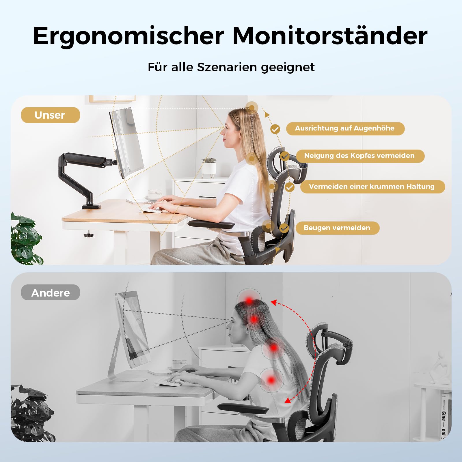 GTPLAYER Supporto per monitor per monitor da 13 a 32 pollici, supporto singolo per braccio per monitor da 2 a 10 kg, altezza regolabile con inclinazioni, girevole, girevole, VESA 75 e 100 mm