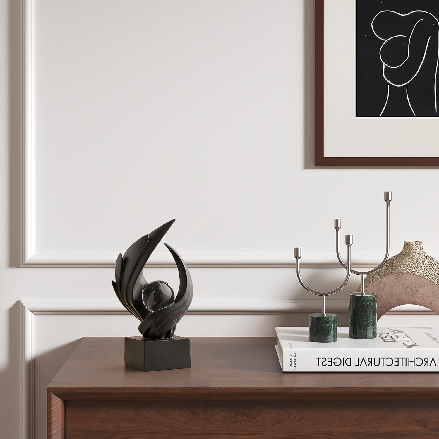 FJS Home Decor Modern Art Statue Decor, Coffee Table Bookshelf Shelf Decor Accents, Abstract Swirl-Shaped Sculpture Decorations for Dining Room Living Room Office (Black)