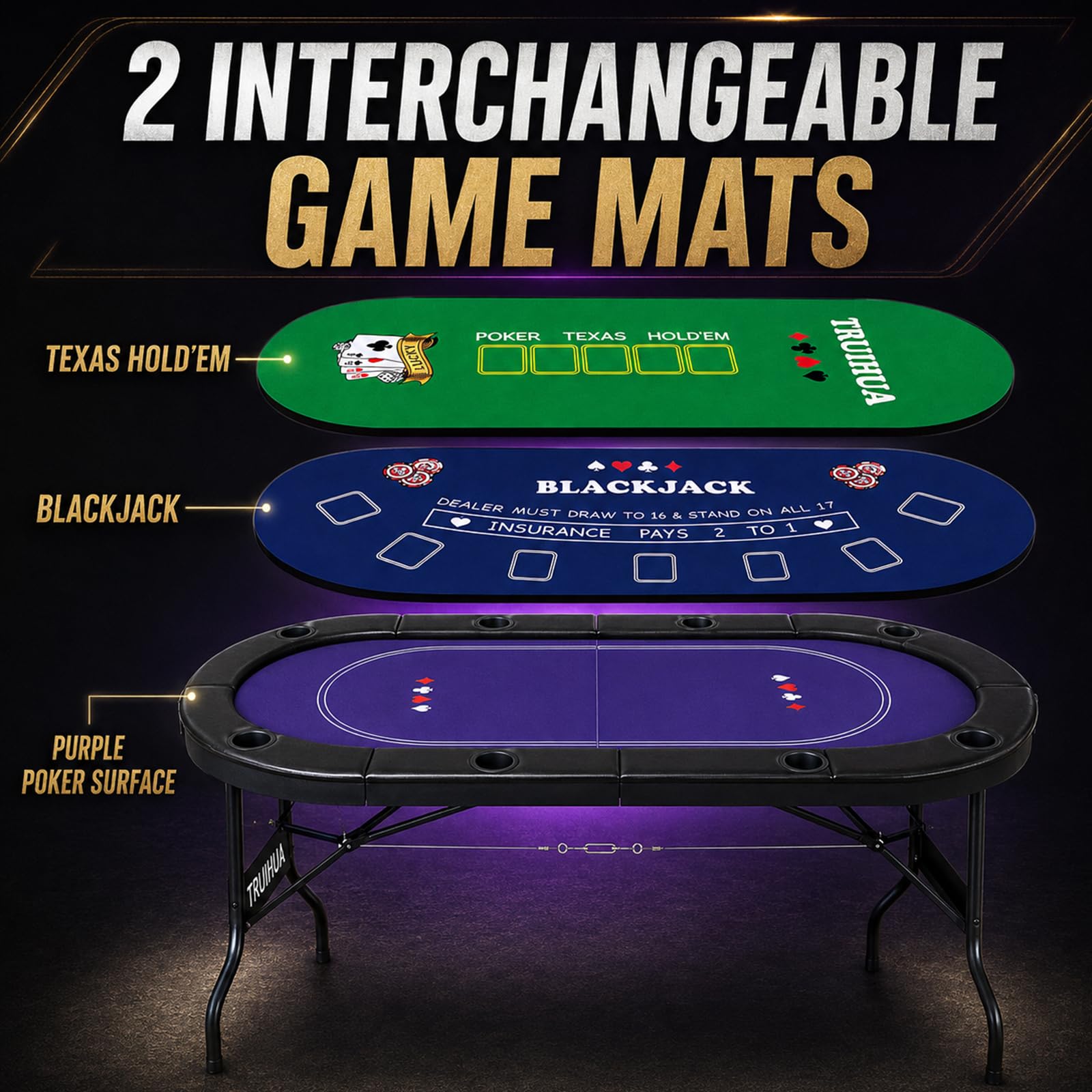 Tavolo da poker pieghevole da 180 cm per 8 giocatori, con 2 tappetini intercambiabili in feltro, guida imbottita e portabevande, Texas Hold'em e Blackjack