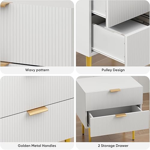 Miniatura 10 de Mesita de noche moderna de mediados de siglo con panel estriado, mesita de noche con 2 cajones, mesita de noche blanca grande con patas doradas,