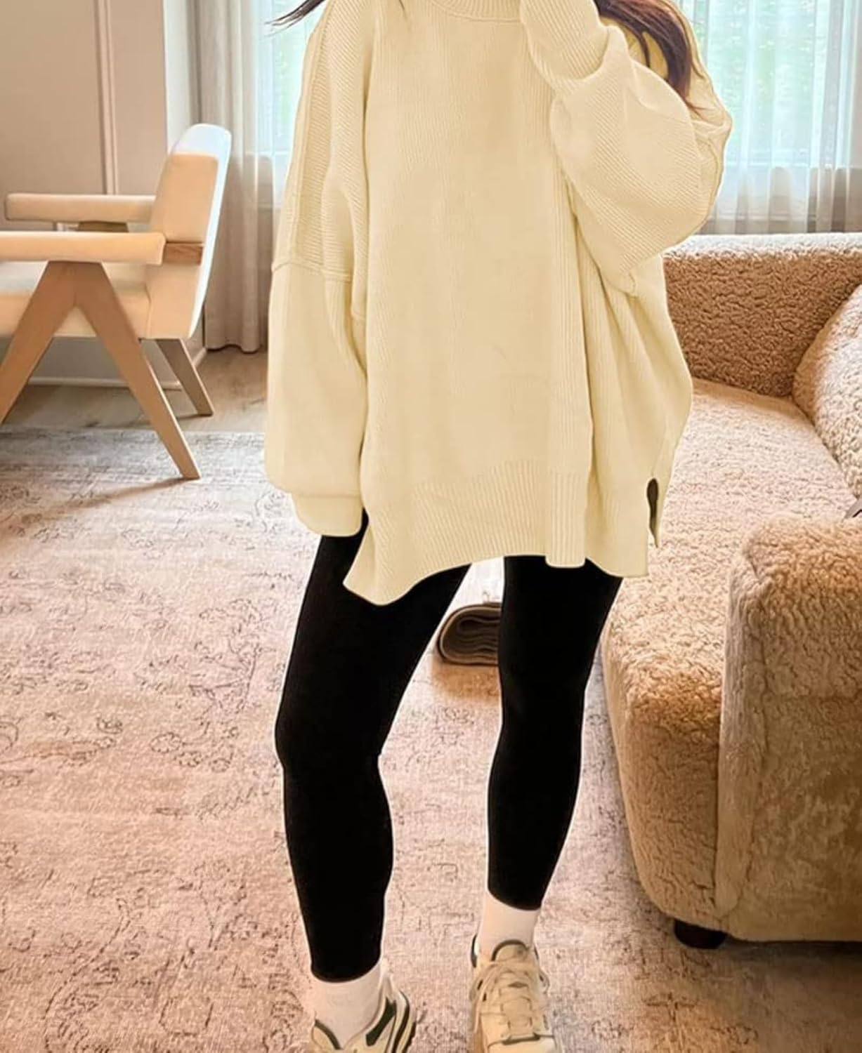 LIZALIG Women's Oversized Batwing Casual Sweaters Fall Outfits Knit Side Slit Fashion Crewneck Pullover Batwing Tops - Image 3