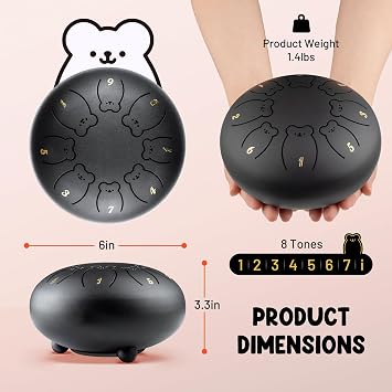 CAHAYA Steel Tongue Drum Set 6 Inch 8 Notes Steel Hand Drum with Music Book Drum Mallets Finger Paddles and Carry Bag for Kids Gift Musical Education Meditation Yoga CY0359