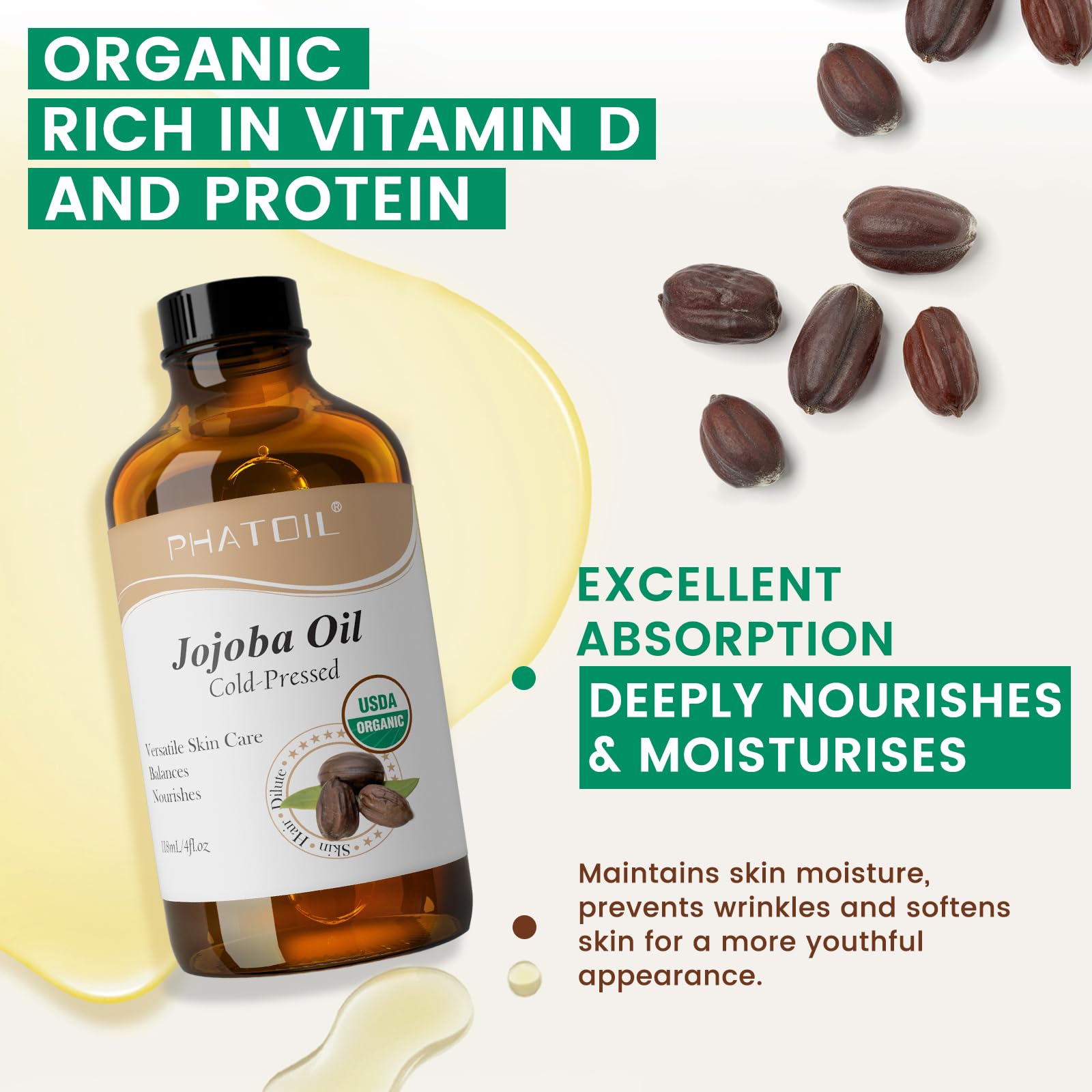 USDA Organic Jojoba Oil 118ml, Cold-Pressed, 100% Pure & Natural Jojoba Oil for Skin Hair & Body, Moisturizer, Anti-Aging - Image 3