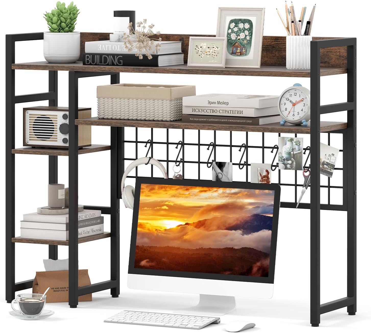 Tangkula Desktop Bookshelf for Computer Monitor Up to 32”, 37" x 29" Countertop Storage Hutch with 4 Open Storage Shelves, Grid Panel, Anti-tip Device, 4-Tier Desktop Display Shelves for Home Office