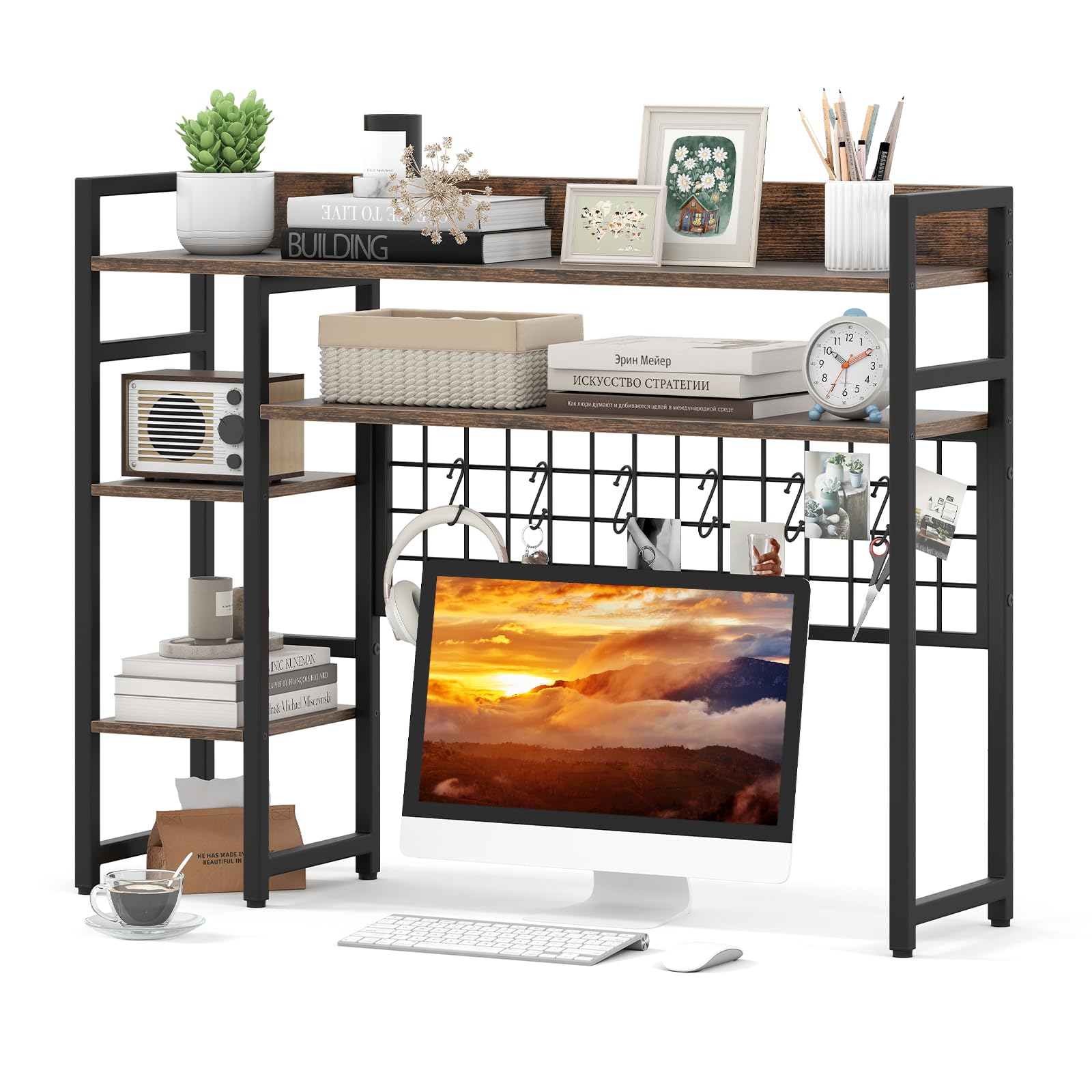 Tangkula Desktop Bookshelf for Computer Monitor Up to 32”, 37" x 29" Countertop Storage Hutch with 4 Open Storage Shelves, Grid Panel, Anti-tip Device